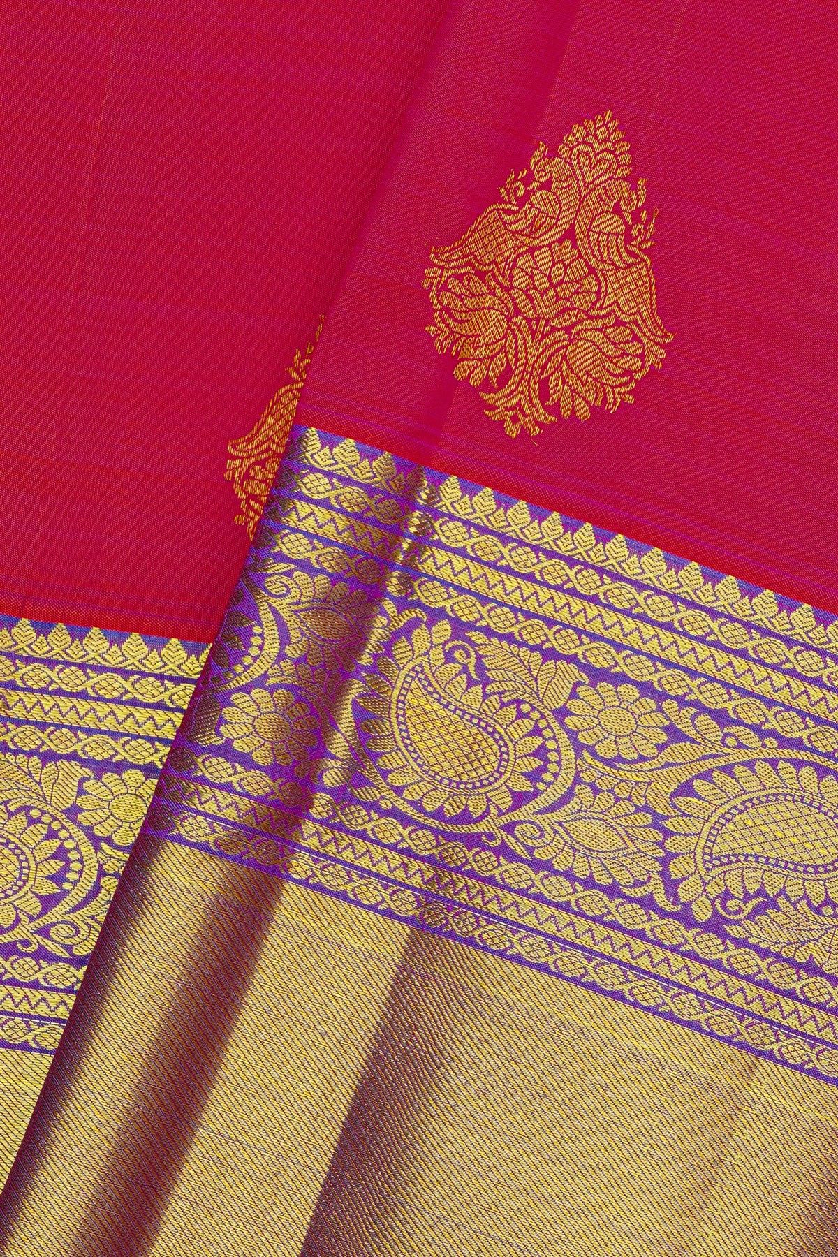 Kancheepuram Silk Rani Pink Saree With Florals And Paisleys Border