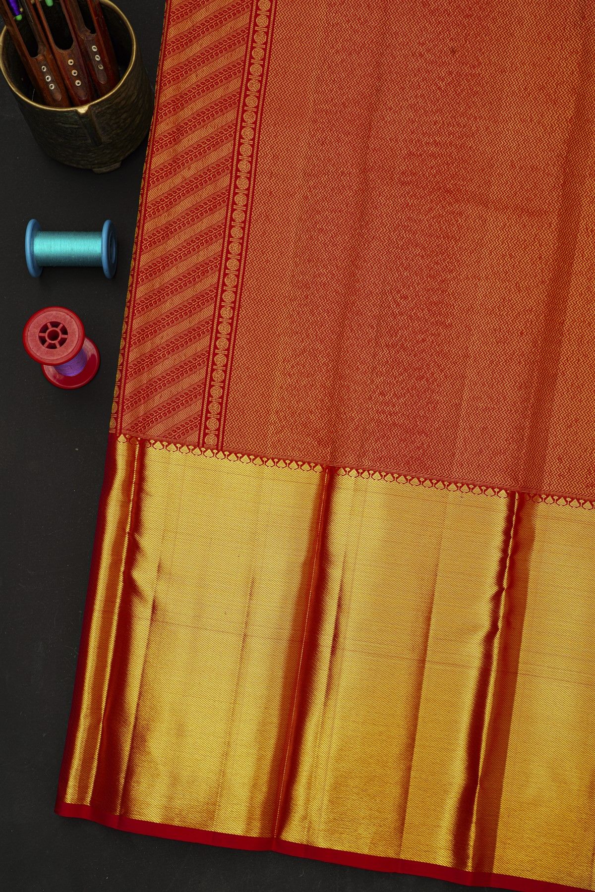 Kancheepuram Silk Red Saree With Florals And Leaves In Zari Body And Kaddi Border