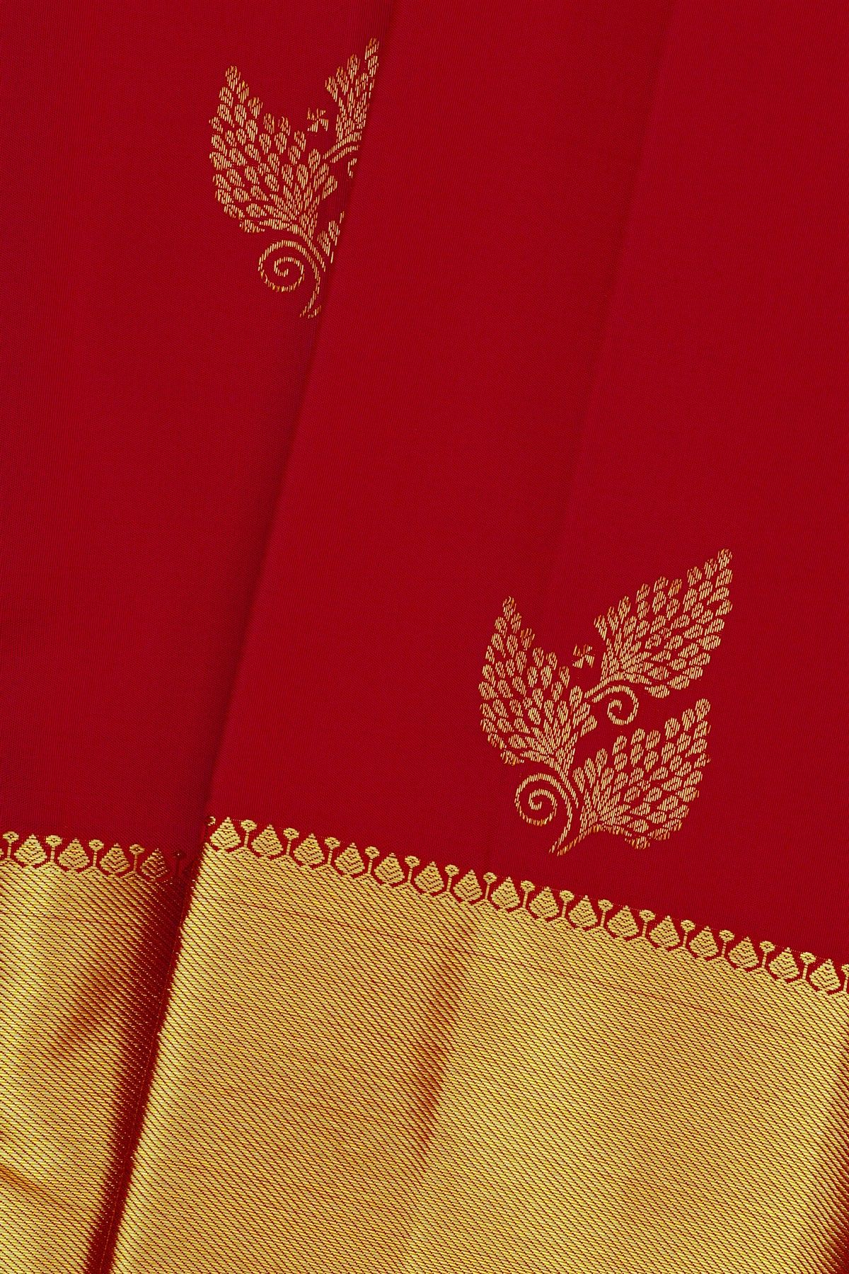Kancheepuram Silk Red Saree With Florals And Leaves In Zari Body And Kaddi Border