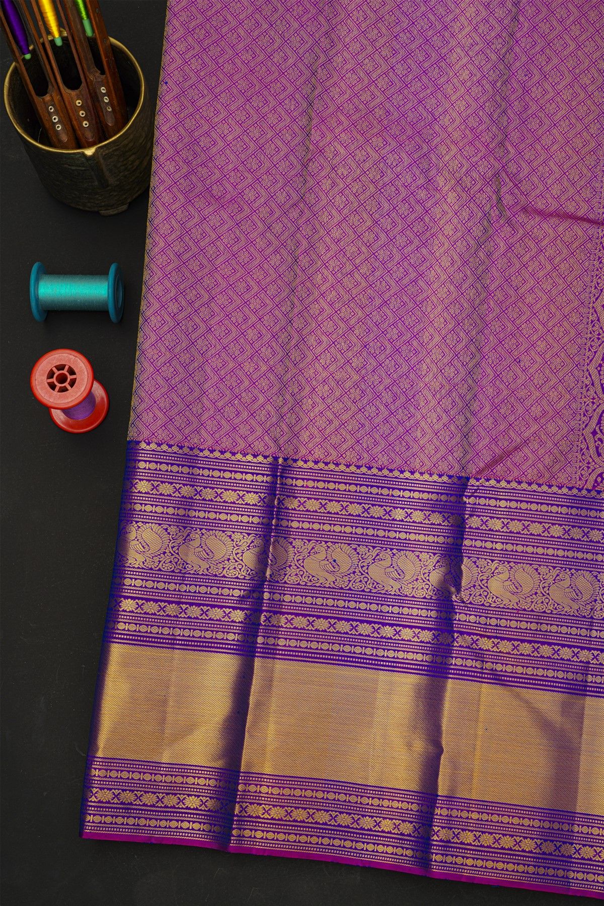 Kancheepuram Silk Blue Saree With Florals And Peacock Buttis In Zari Body