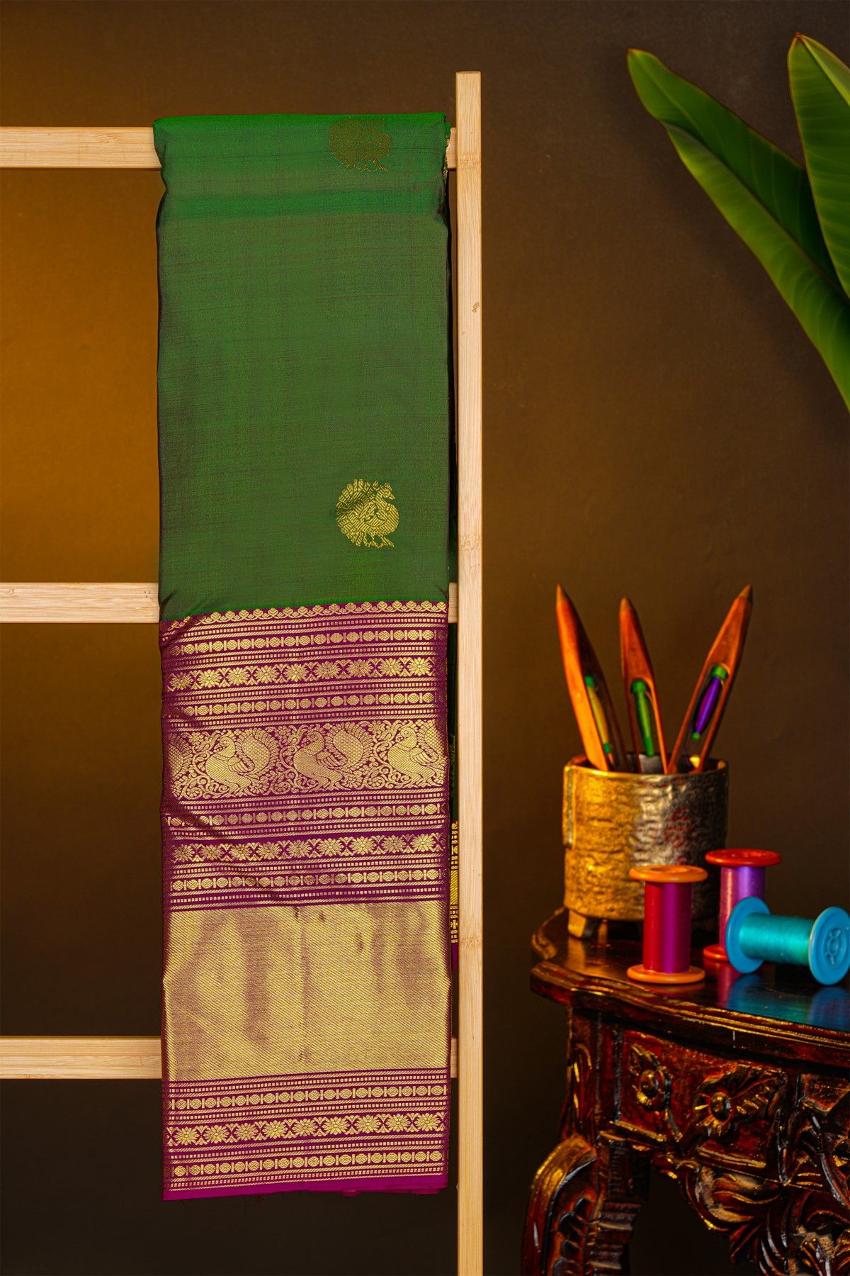 Kancheepuram Silk Bottle Green Saree With Florals And Peacocks In Zari Body