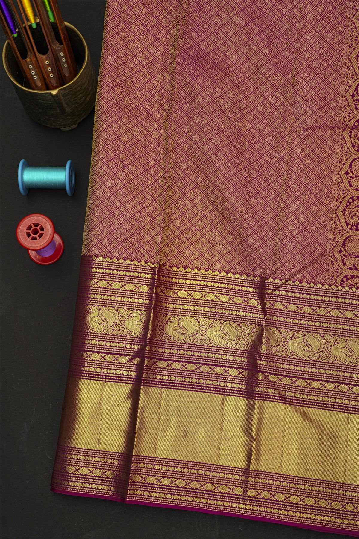 Kancheepuram Silk Bottle Green Saree With Florals And Peacocks In Zari Body