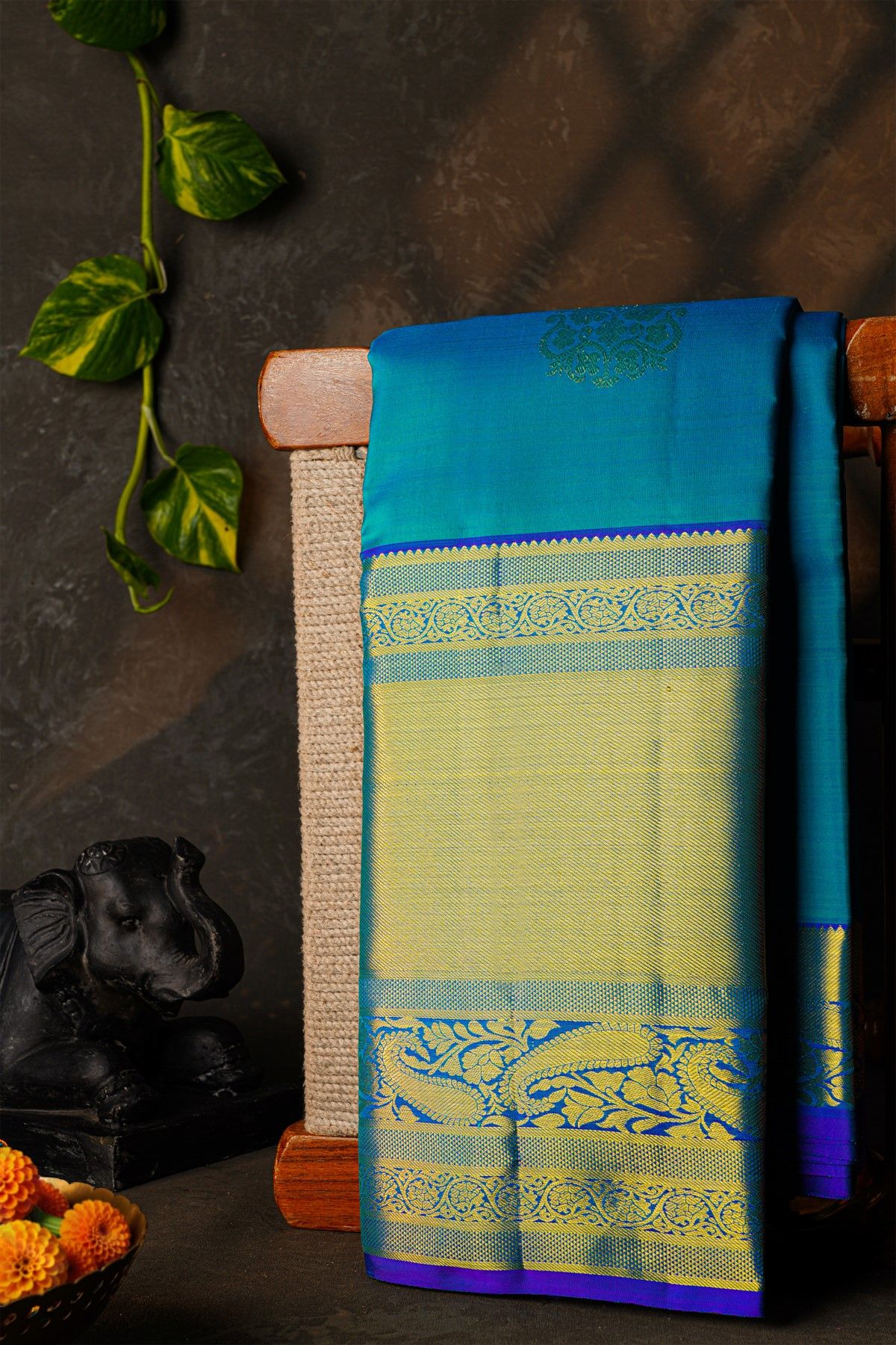 Kancheepuram Silk Rama Blue Saree With Florals And Buttis Body