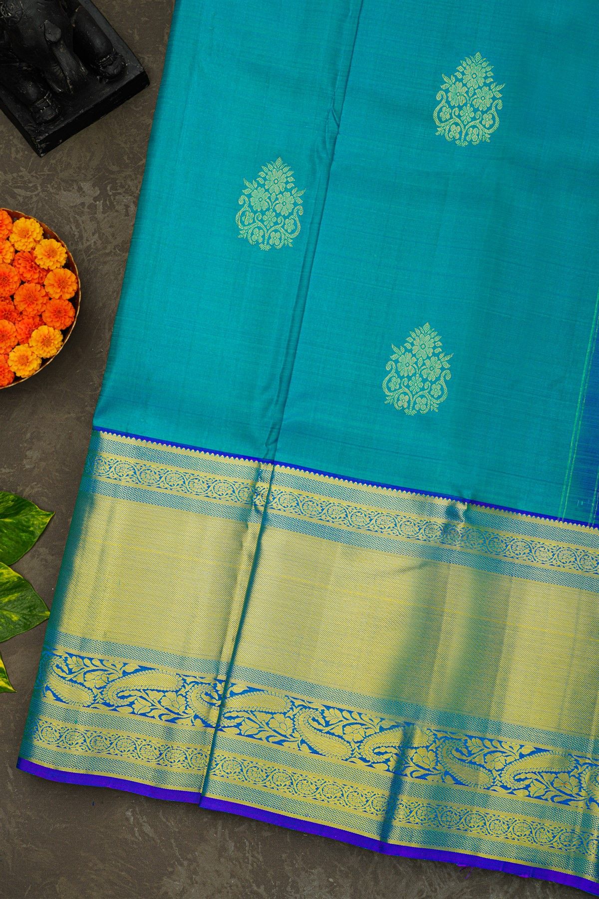 Kancheepuram Silk Rama Blue Saree With Florals And Buttis Body