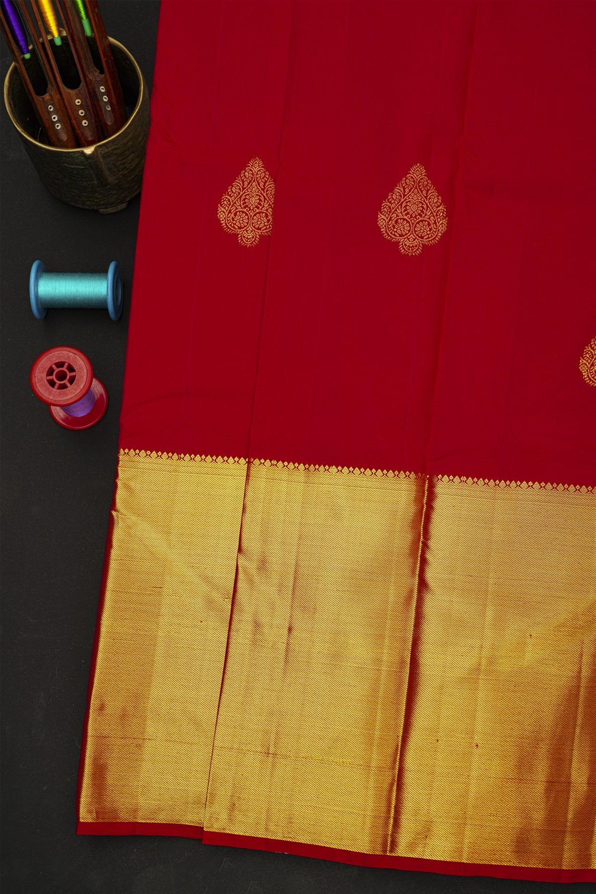 Kancheepuram Silk Red Saree With Florals And Buttis Body And Kaddi Border