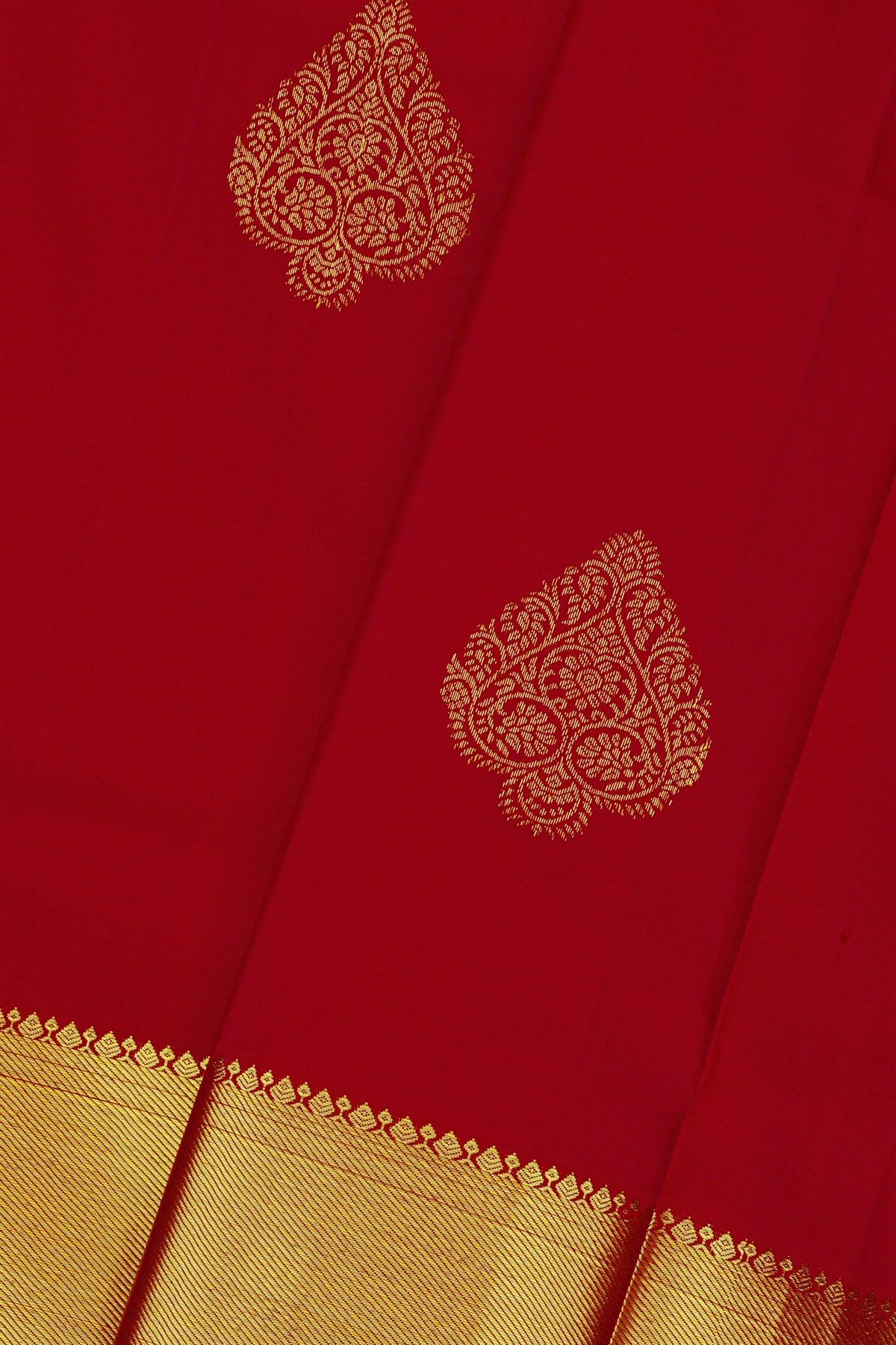 Kancheepuram Silk Red Saree With Florals And Buttis Body And Kaddi Border
