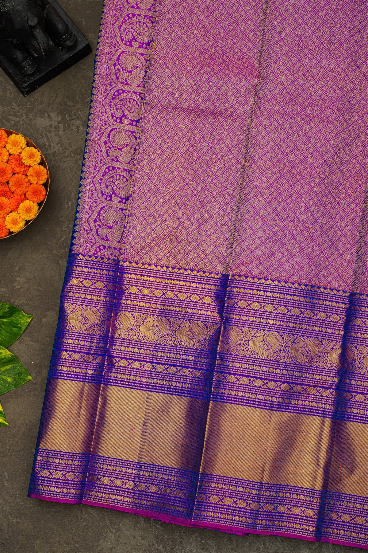 Kancheepuram Silk Peacock Blue Saree With Florals And Buttis Body