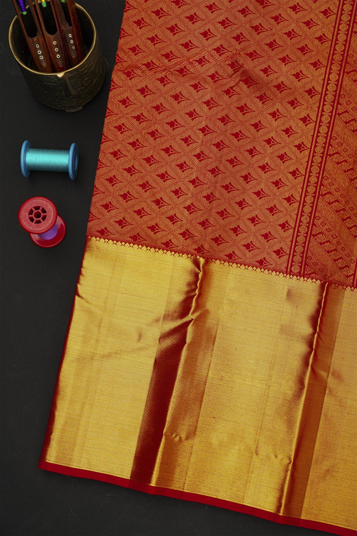 Kancheepuram Silk Red Saree With Florals And Buttis Body And Kaddi Border
