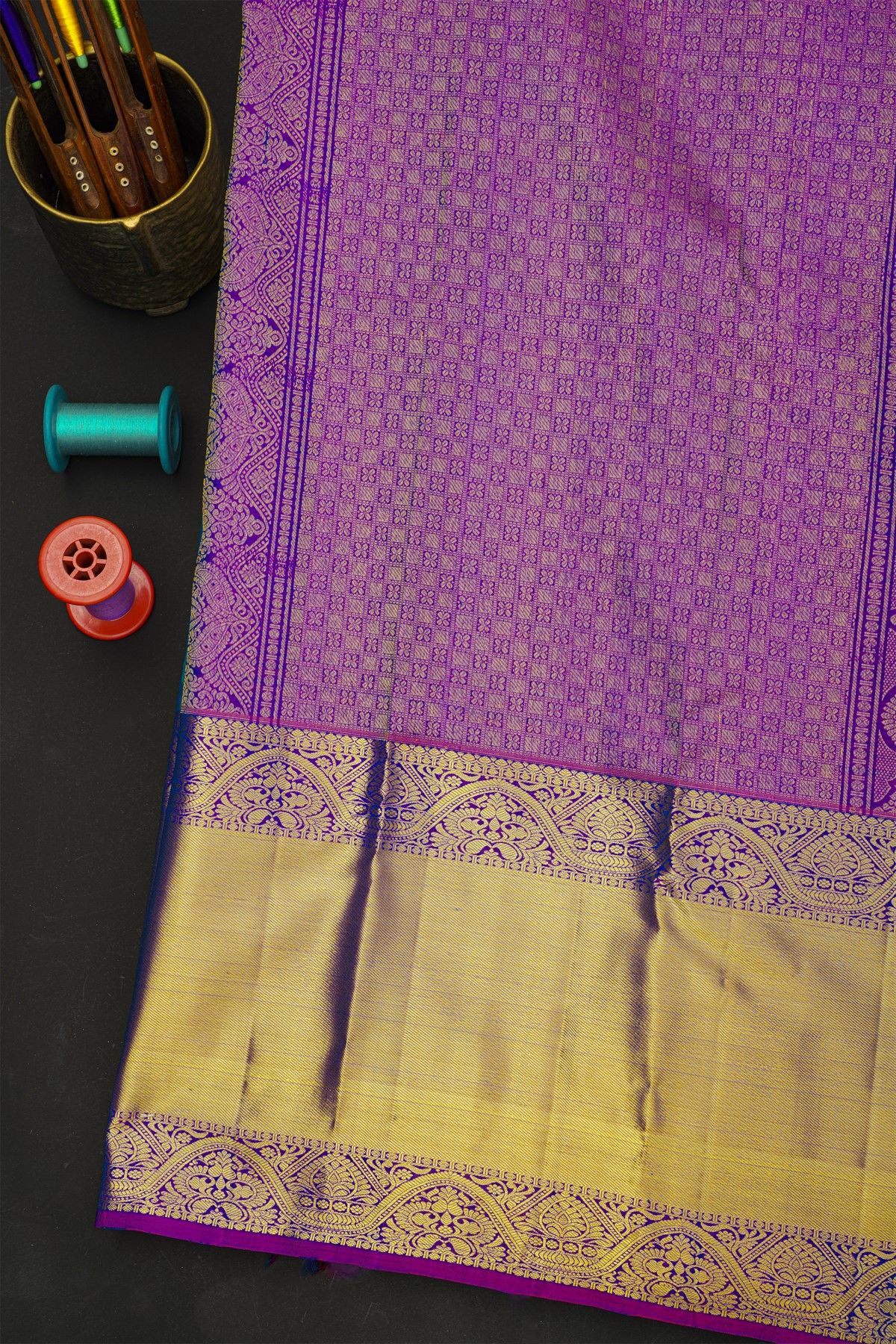 Kancheepuram Silk Peacock Blue Saree With Florals And Leaves Body And Kaddi Border