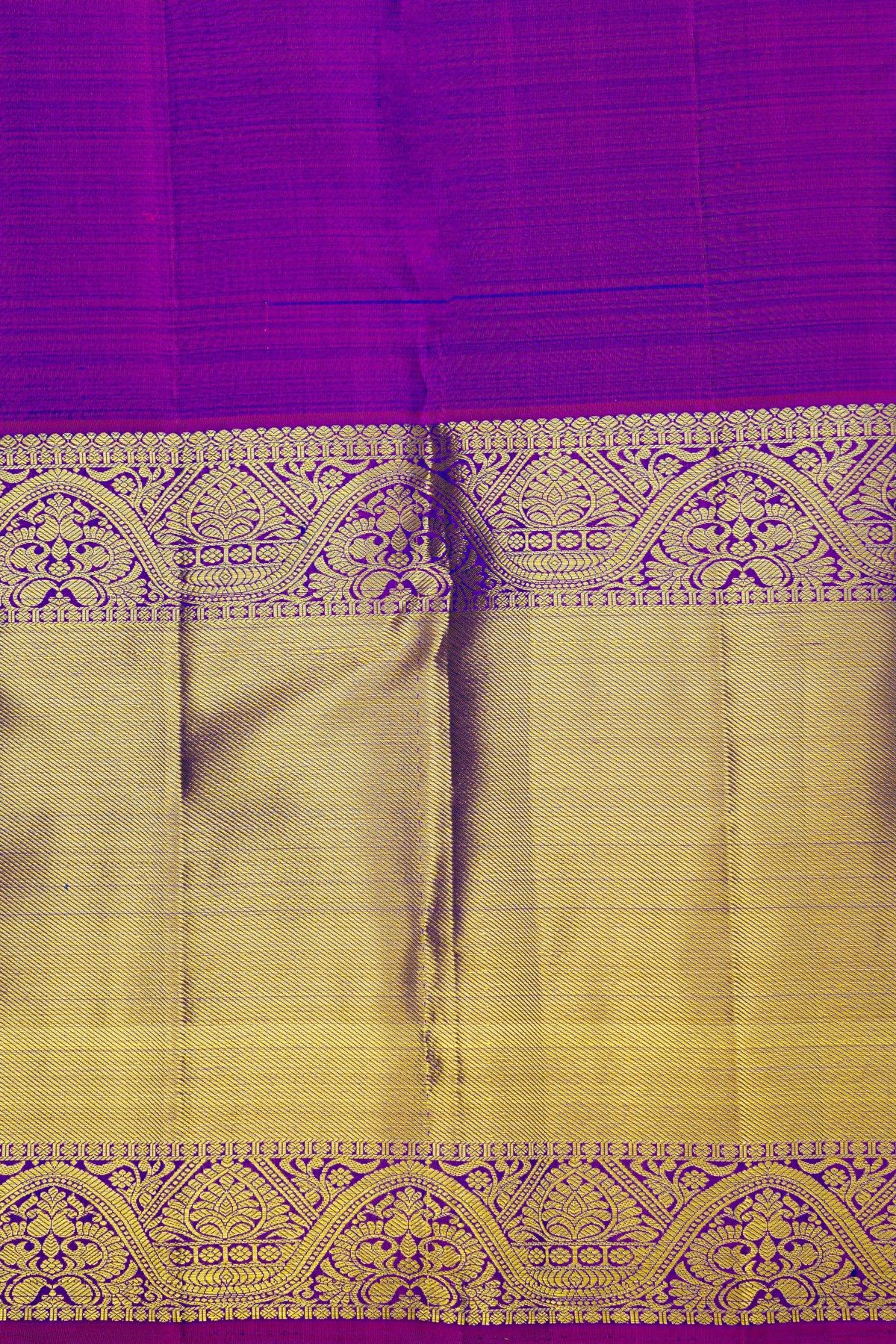 Kancheepuram Silk Peacock Blue Saree With Florals And Leaves Body And Kaddi Border