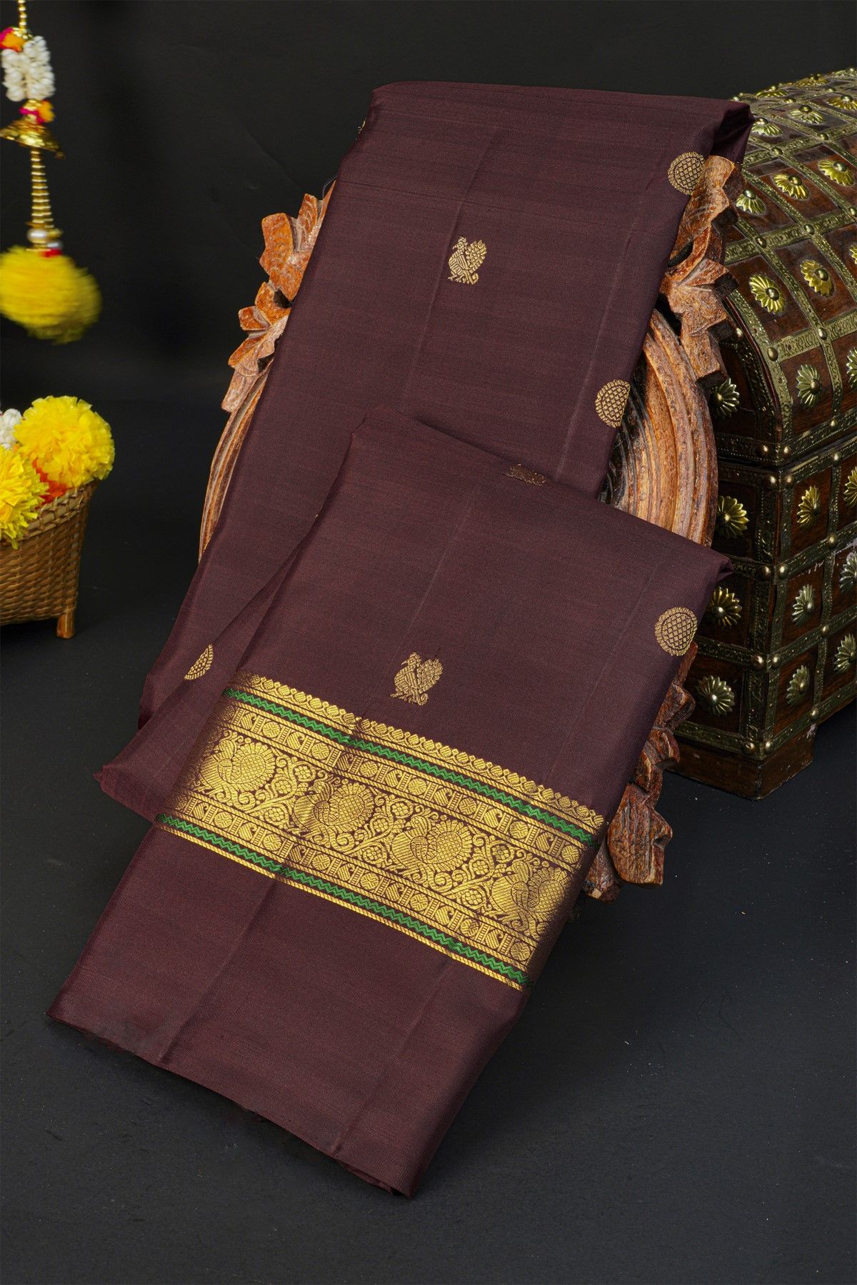 Kancheepuram Silk Brown Saree With Floral And Peacock Buttis Body
