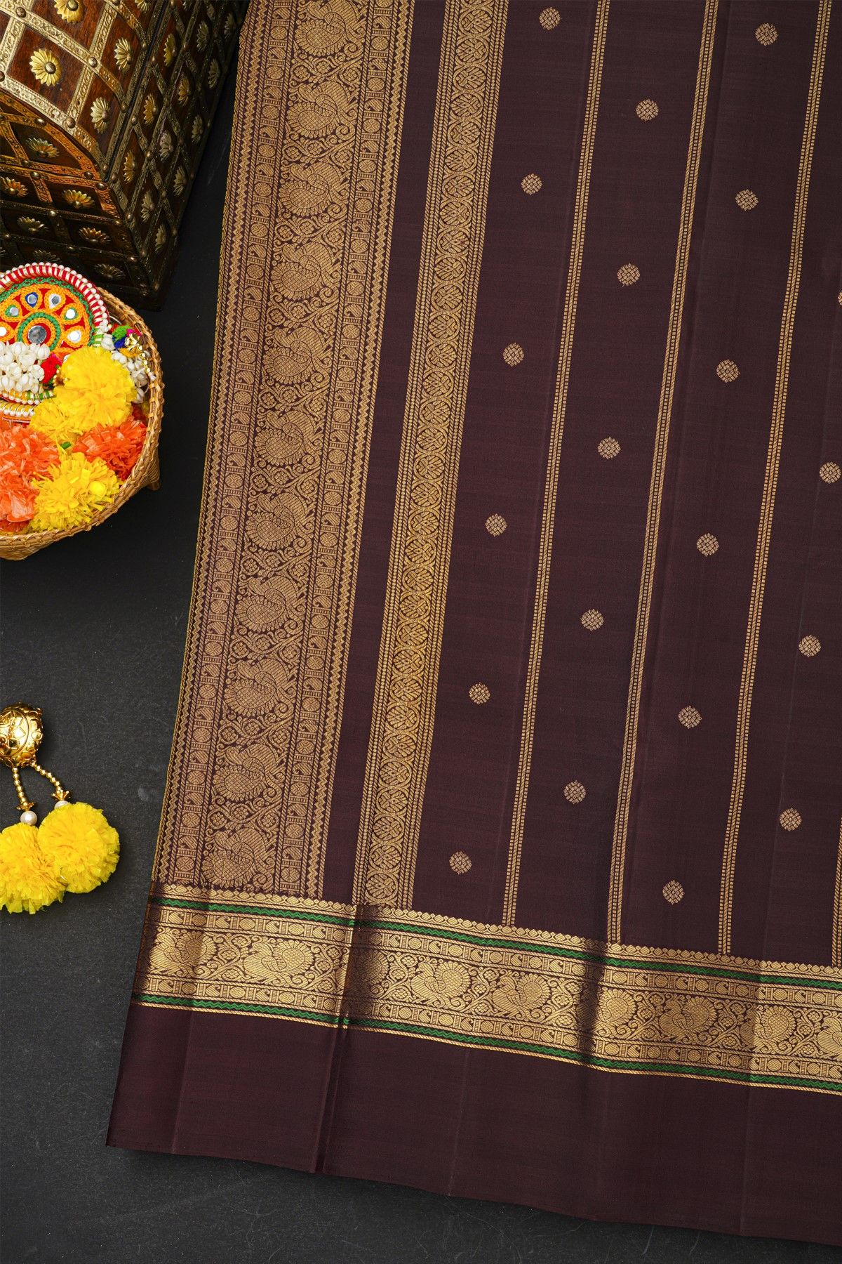 Kancheepuram Silk Brown Saree With Floral And Peacock Buttis Body