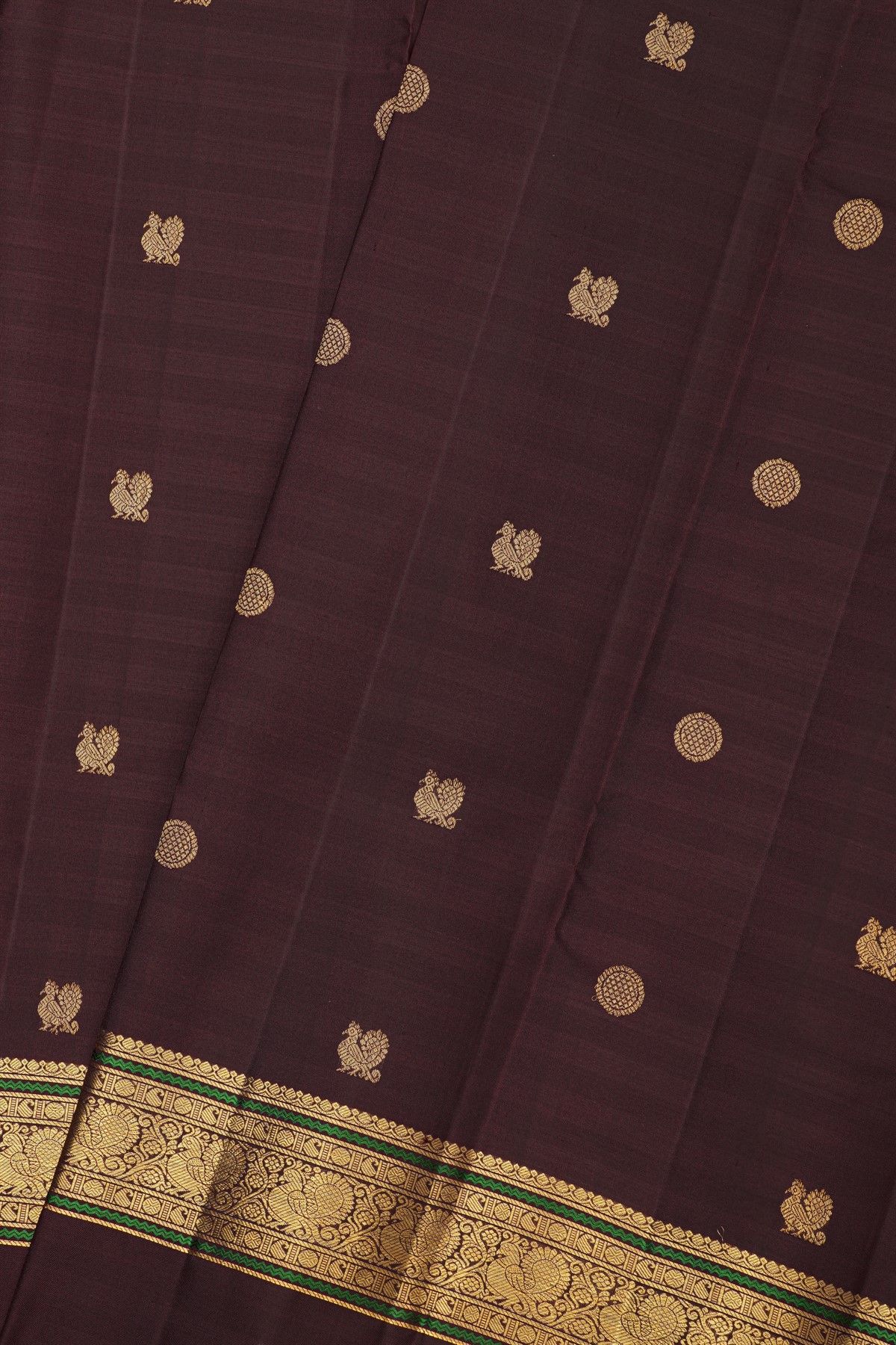 Kancheepuram Silk Brown Saree With Floral And Peacock Buttis Body