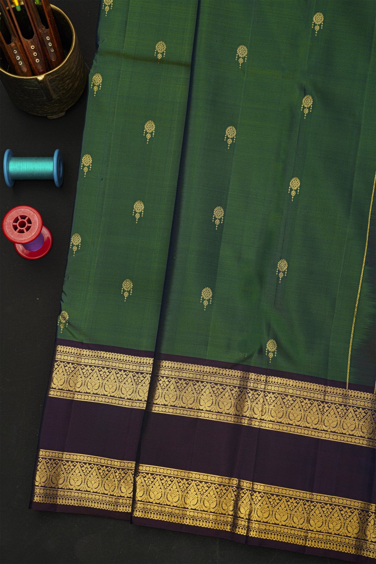 Kancheepuram Silk Bottle Green Saree With Florals And Buttis Body