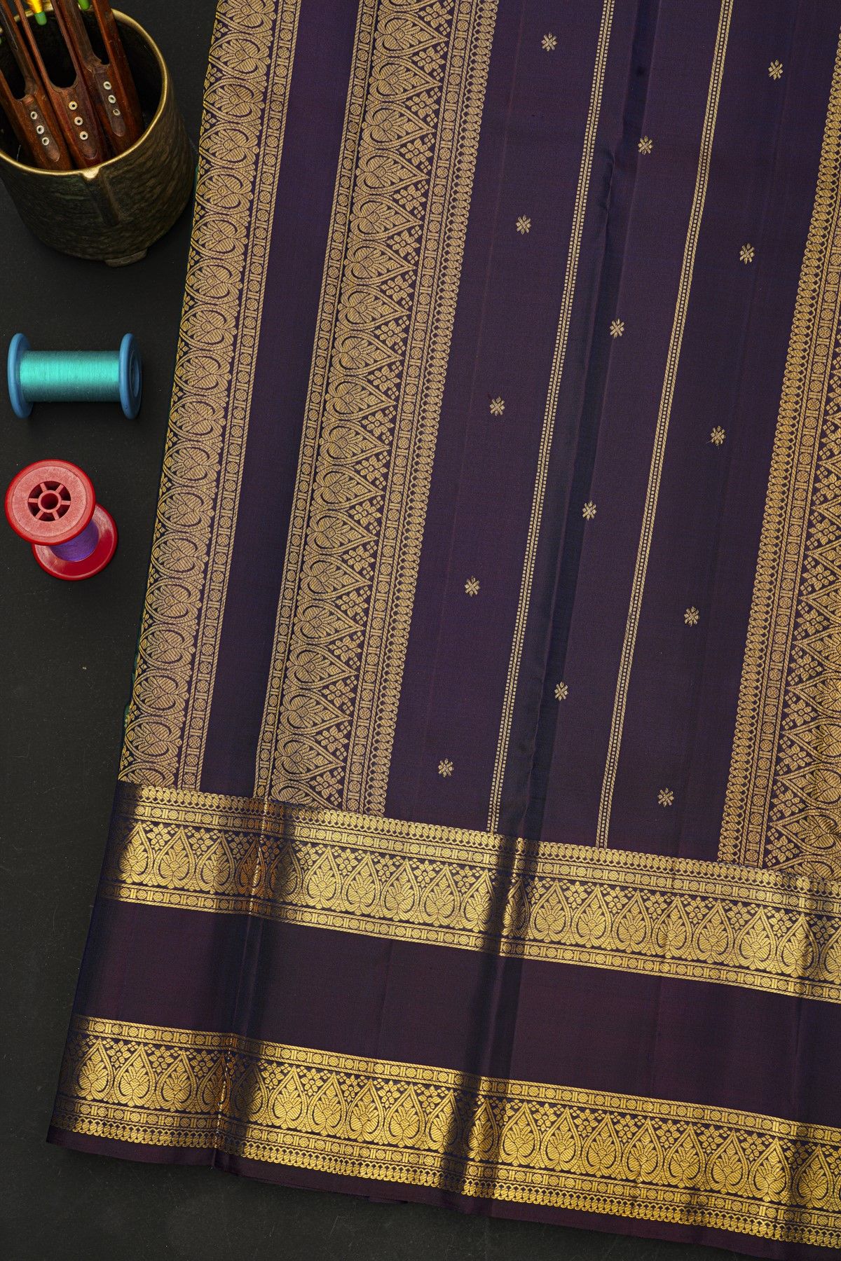 Kancheepuram Silk Bottle Green Saree With Florals And Buttis Body