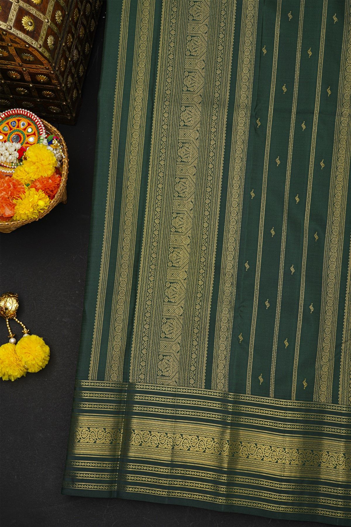 Kancheepuram Silk Grey Saree With Floral And Peacock Buttis Body