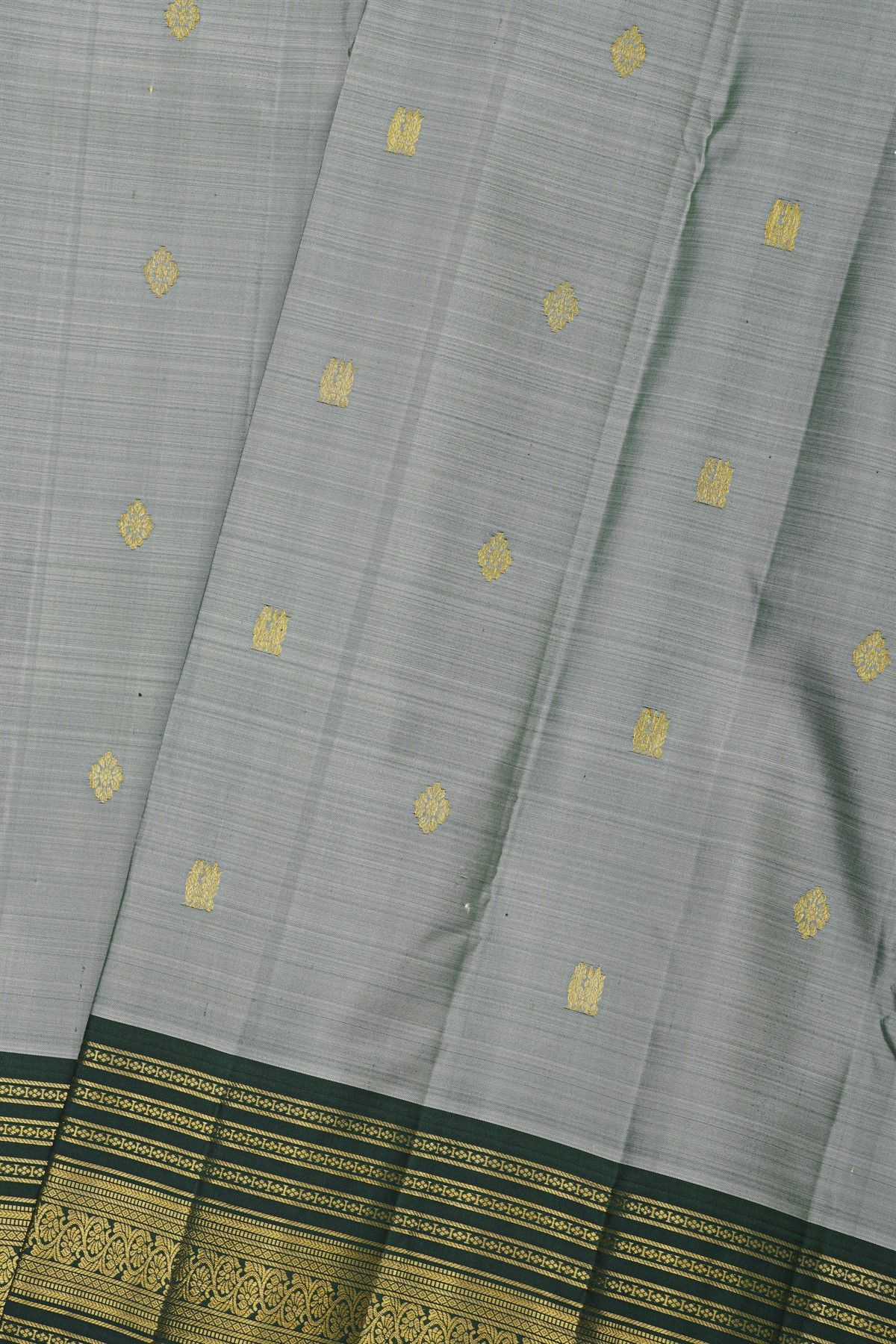 Kancheepuram Silk Grey Saree With Floral And Peacock Buttis Body