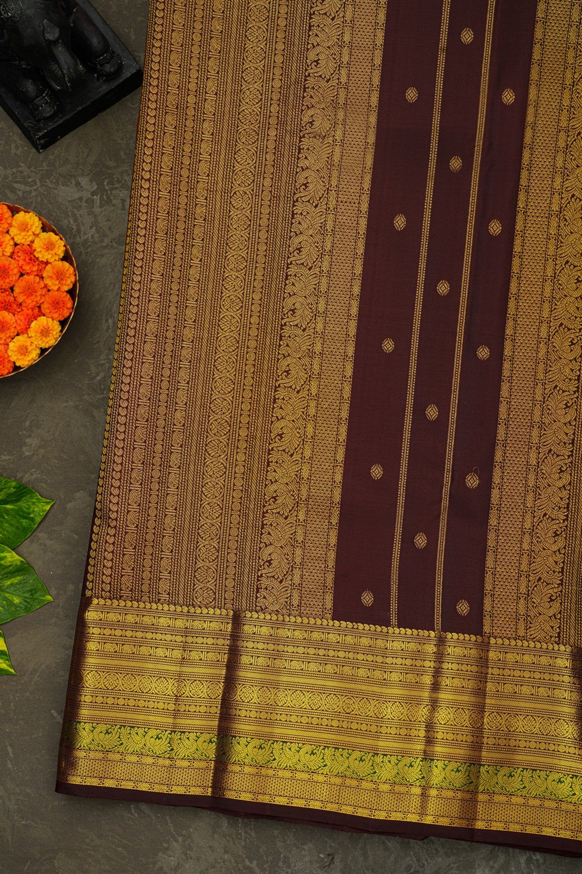 Kancheepuram Silk Mustard Yellow Saree With Peacock Buttis Body