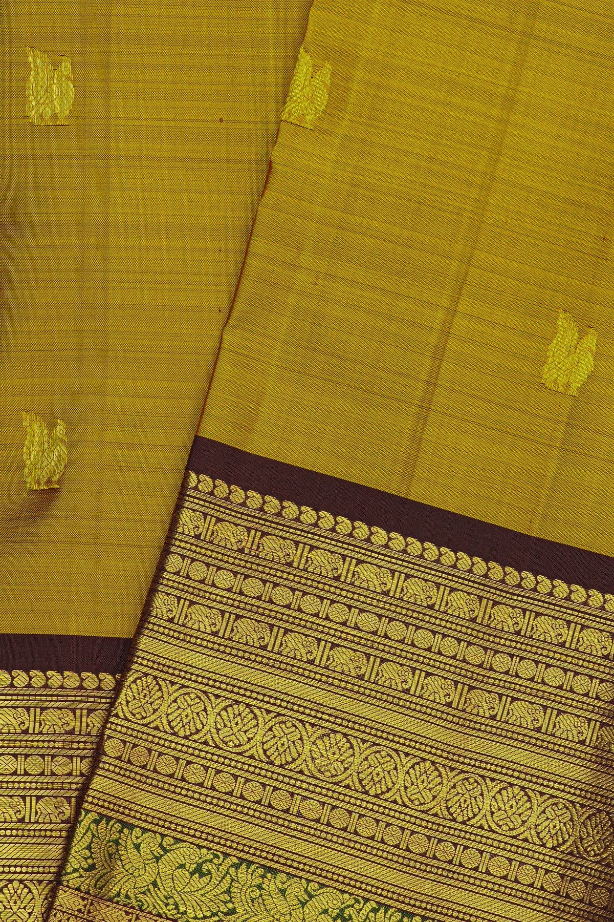 Kancheepuram Silk Mustard Yellow Saree With Peacock Buttis Body