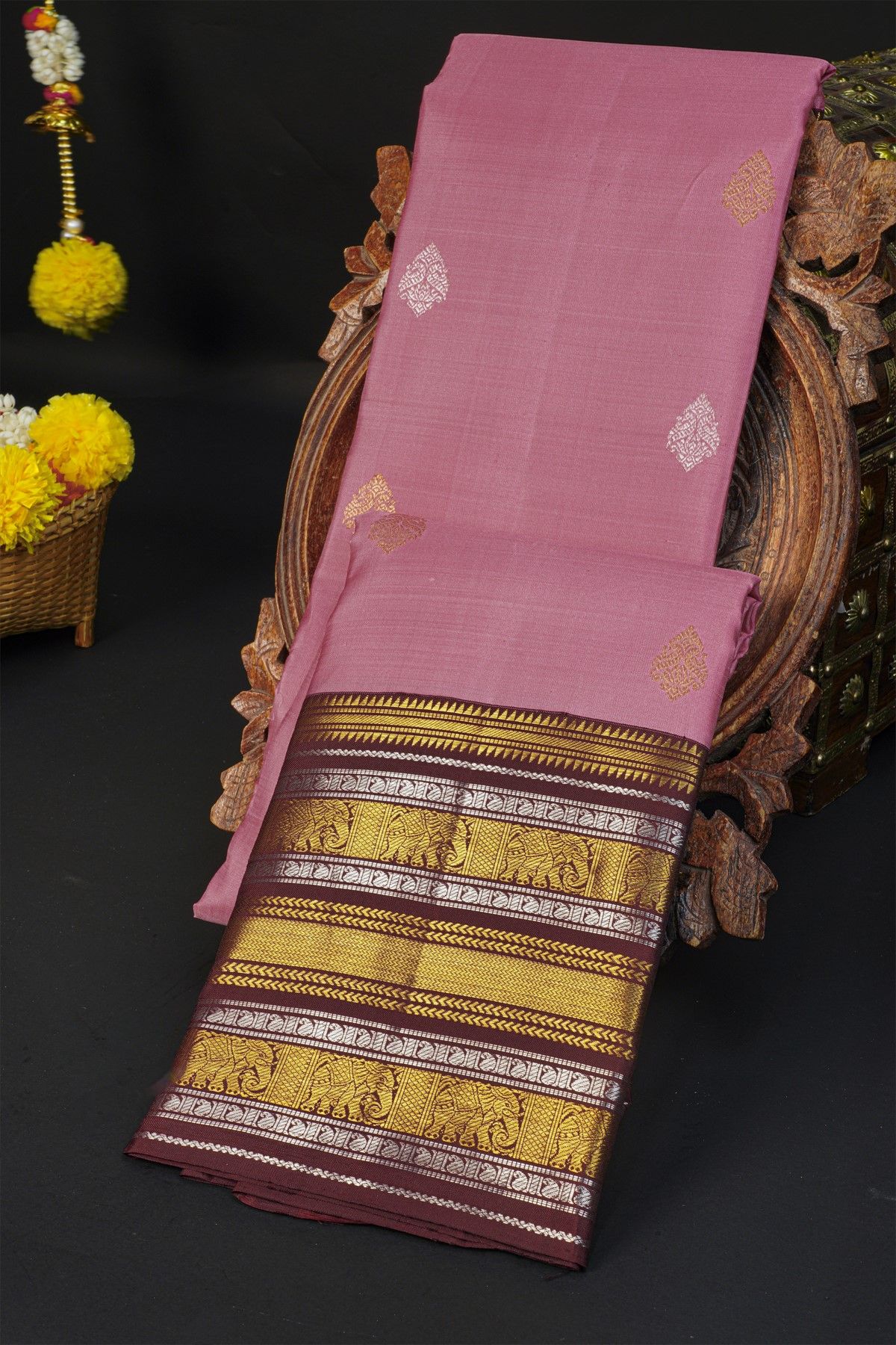 Kancheepuram Silk Pink Saree With Gandaberunda Buttis Body