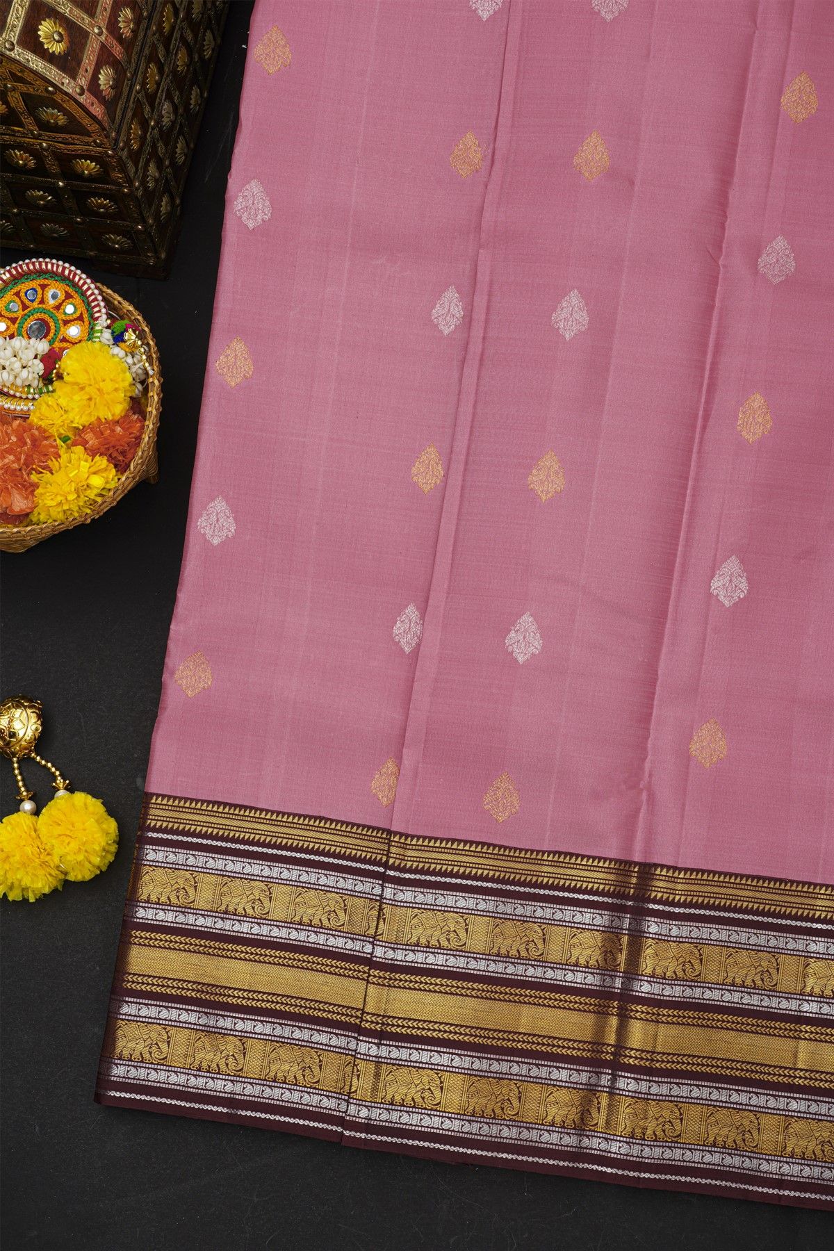Kancheepuram Silk Pink Saree With Gandaberunda Buttis Body