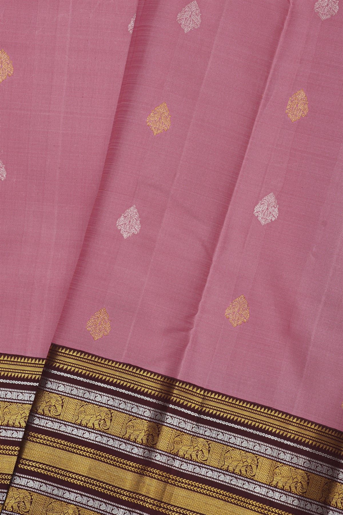 Kancheepuram Silk Pink Saree With Gandaberunda Buttis Body