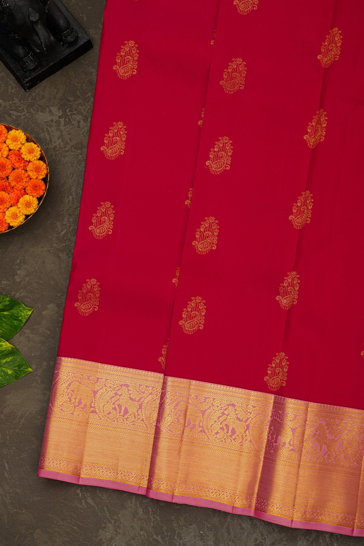 Kancheepuram Silk Red Saree With Florals And Parrot Buttis Body