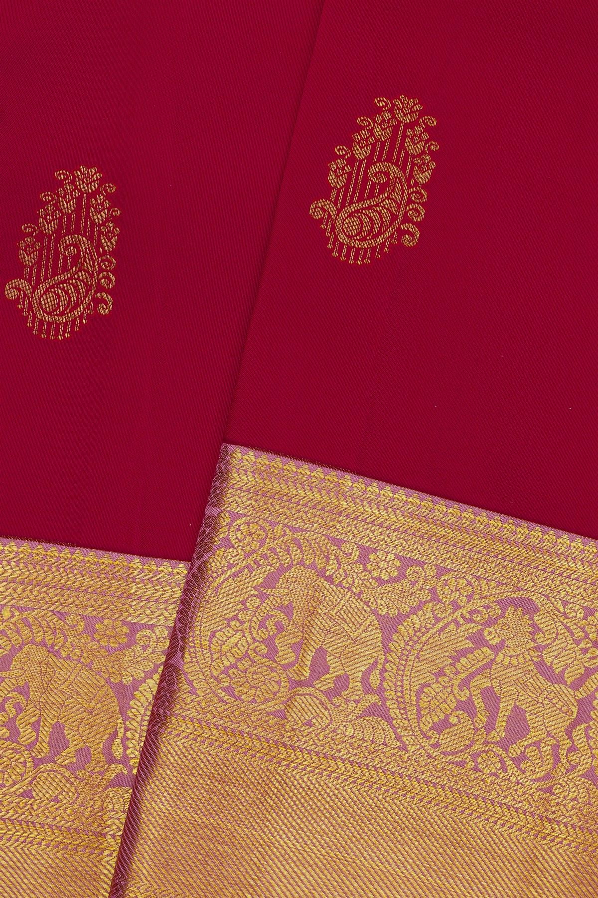 Kancheepuram Silk Red Saree With Florals And Parrot Buttis Body