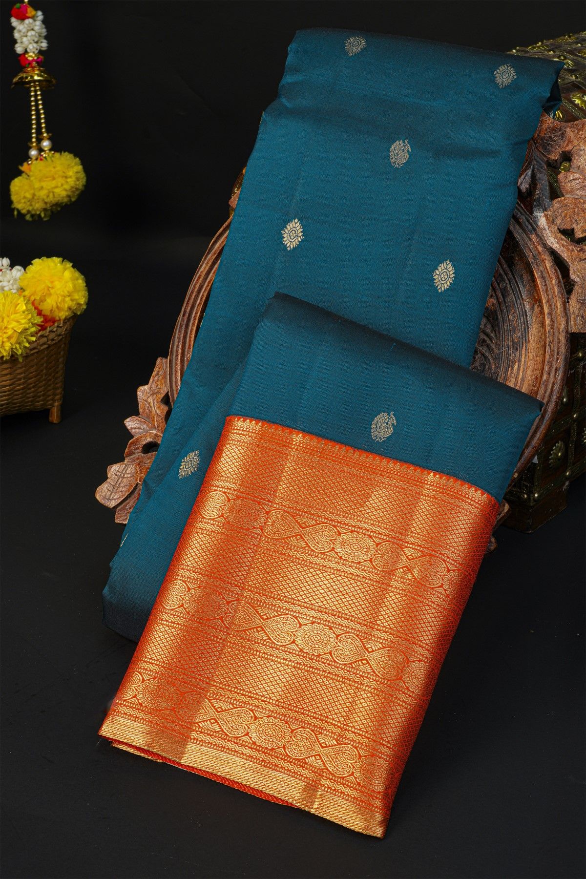 Kancheepuram Silk Peacock Blue Saree With Florals And Peacocks Buttis Body