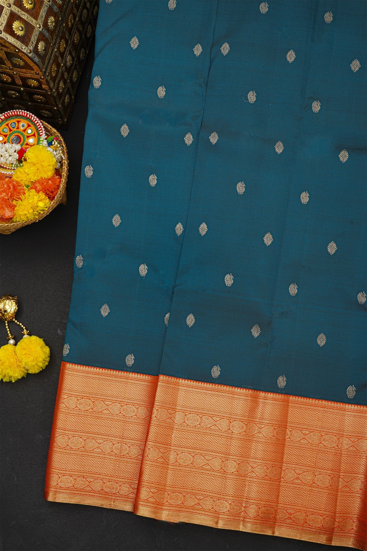 Kancheepuram Silk Peacock Blue Saree With Florals And Peacocks Buttis Body