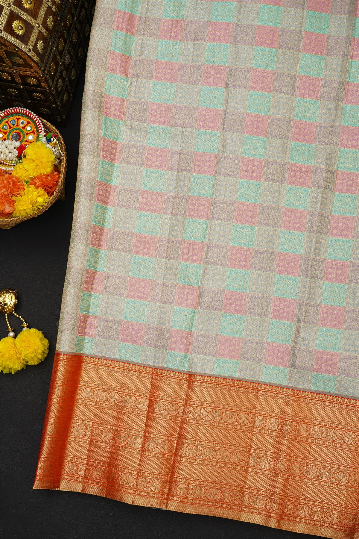 Kancheepuram Silk Peacock Blue Saree With Florals And Peacocks Buttis Body
