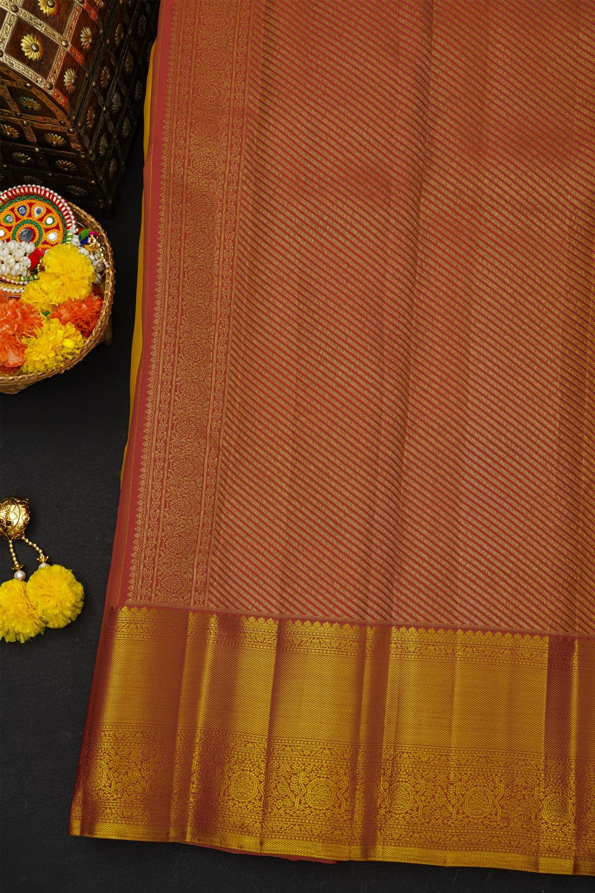 Kancheepuram Silk Mustard Saree With Cross Lines Florals And Peacocks Border