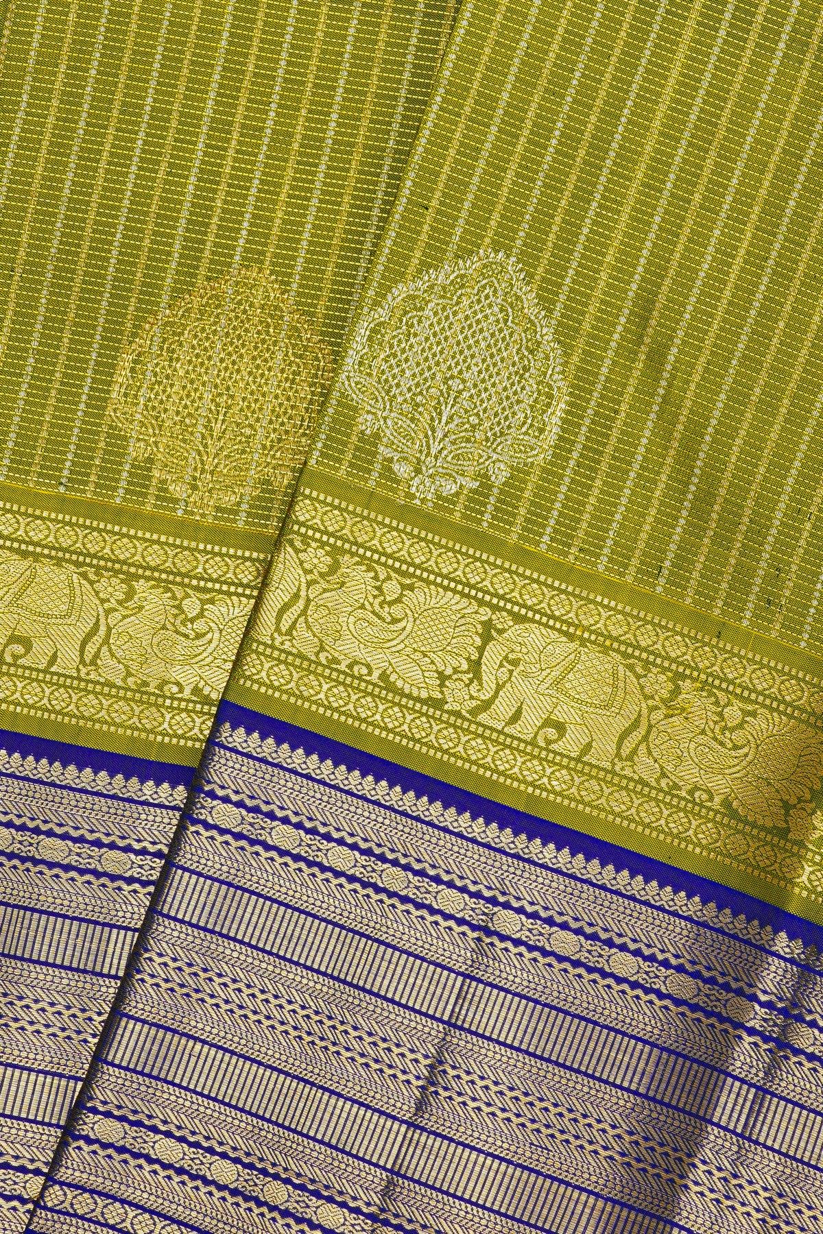 Kancheepuram Silk Leaf Green Saree With Zari Checks And Floral Buttis Body
