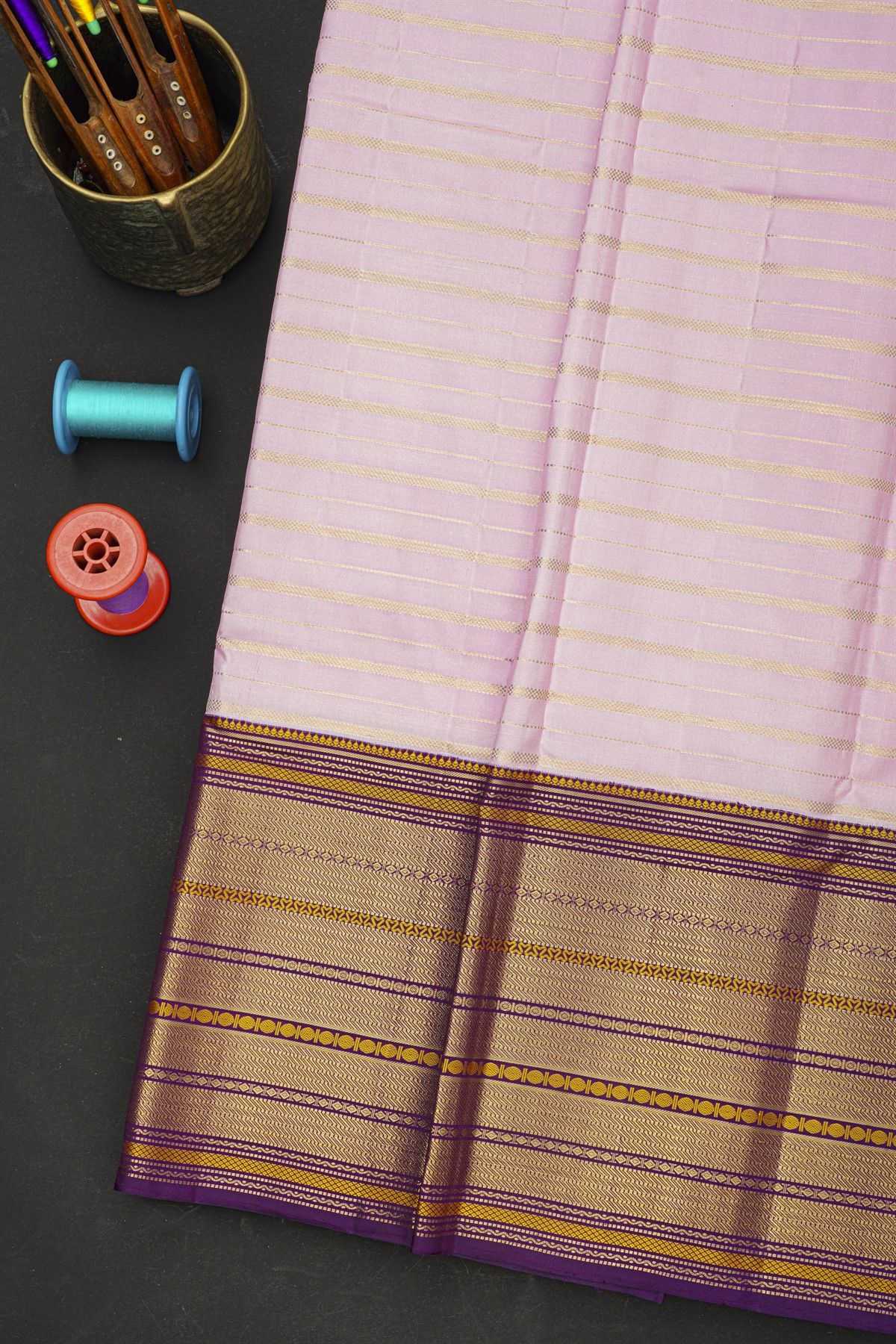 Kancheepuram Silk Light Purple Saree With Rudraksha Buttis And Diamond Border