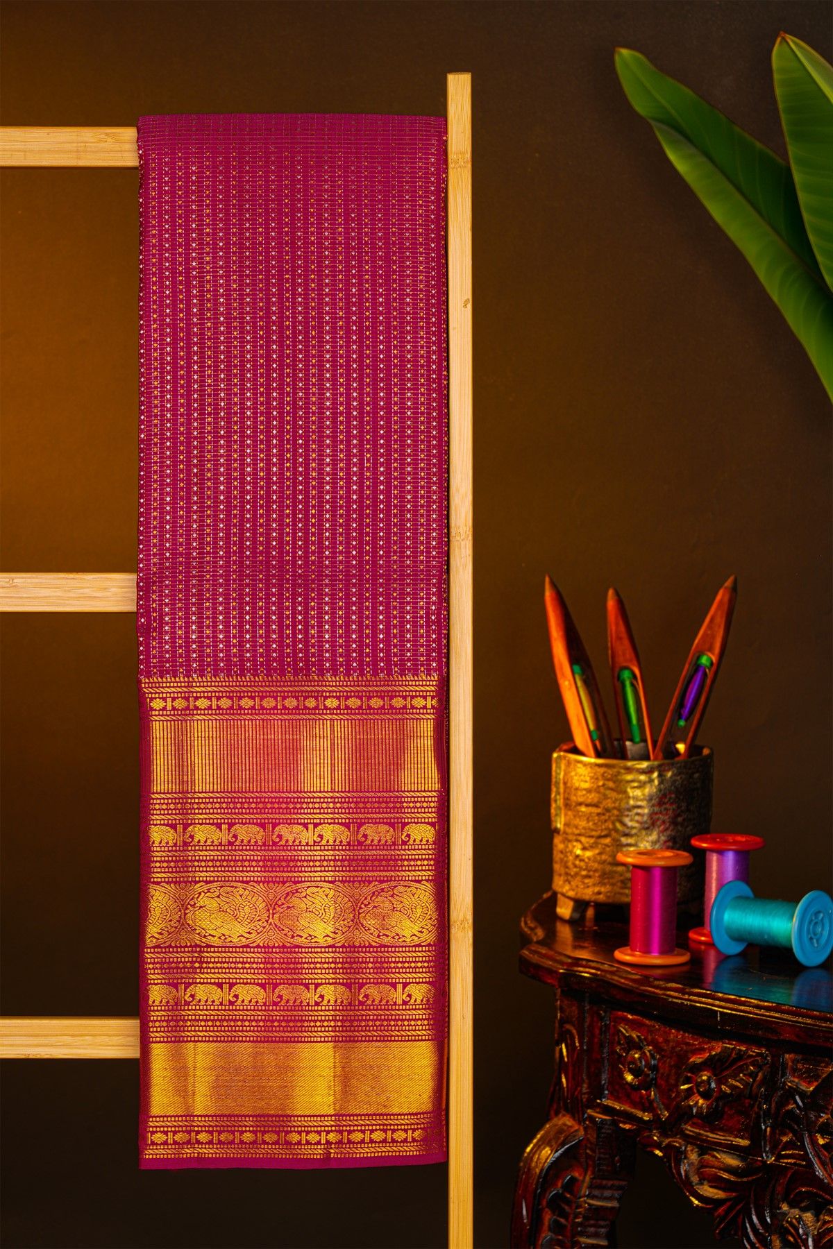 Kancheepuram Silk Rani Pink Saree With Zari Checks And Diamond Buttis Body