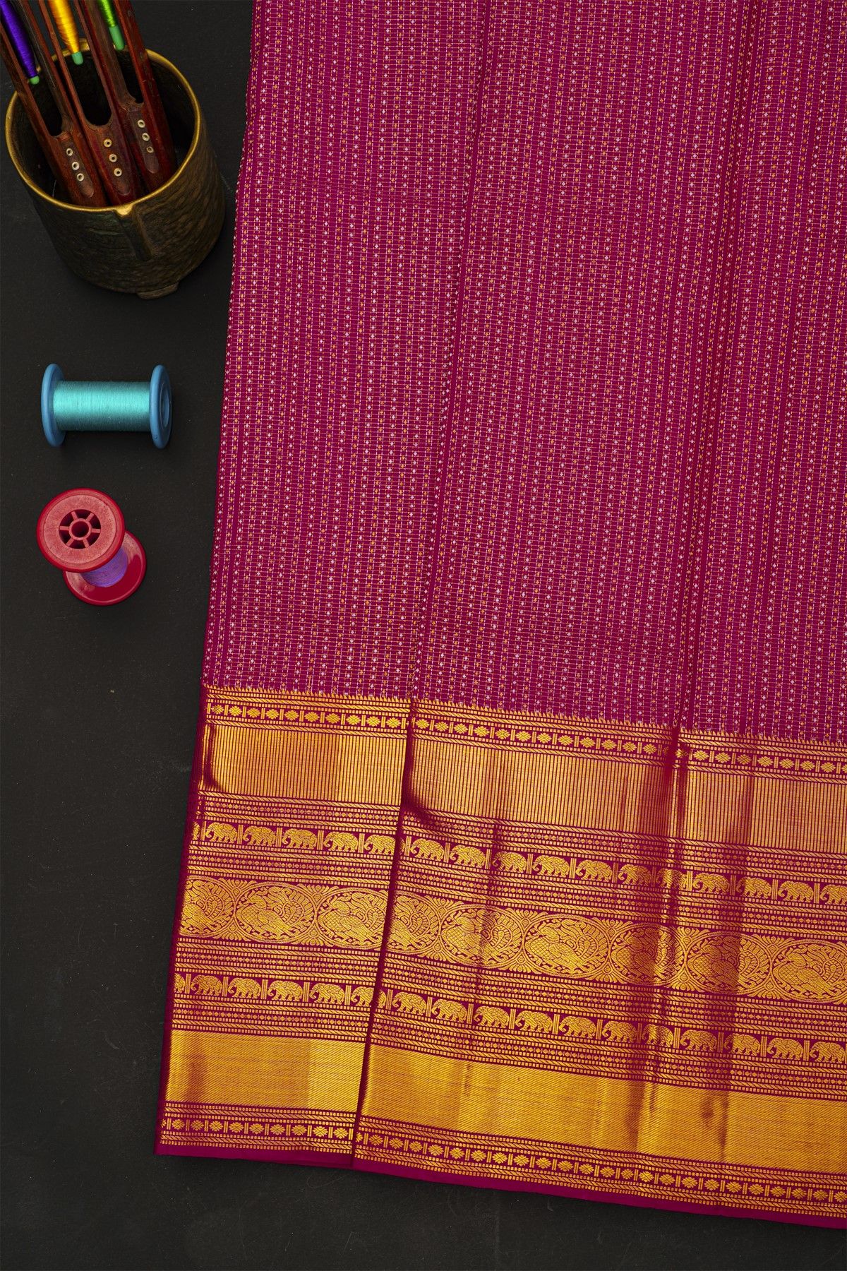 Kancheepuram Silk Rani Pink Saree With Zari Checks And Diamond Buttis Body