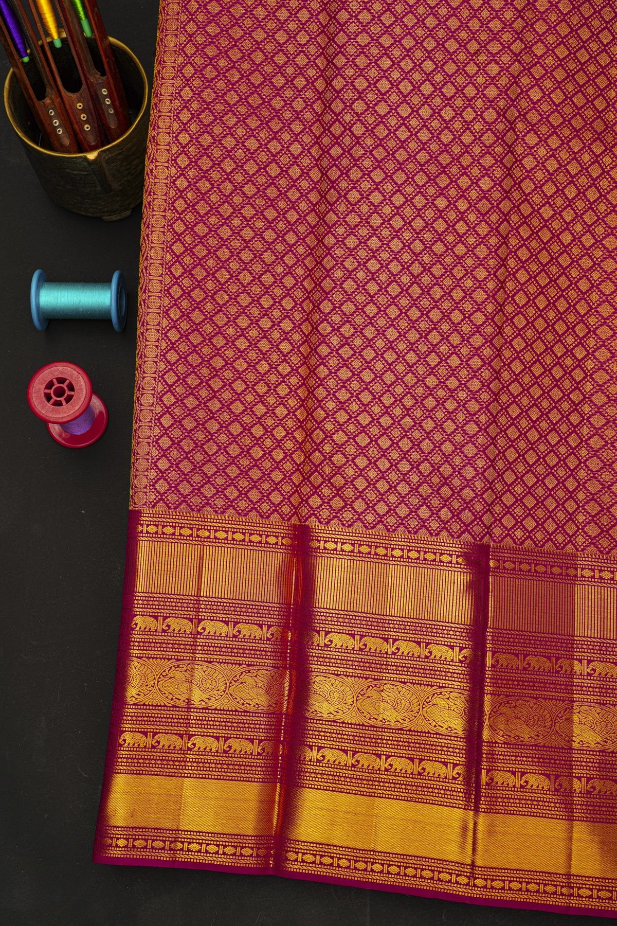 Kancheepuram Silk Rani Pink Saree With Zari Checks And Diamond Buttis Body