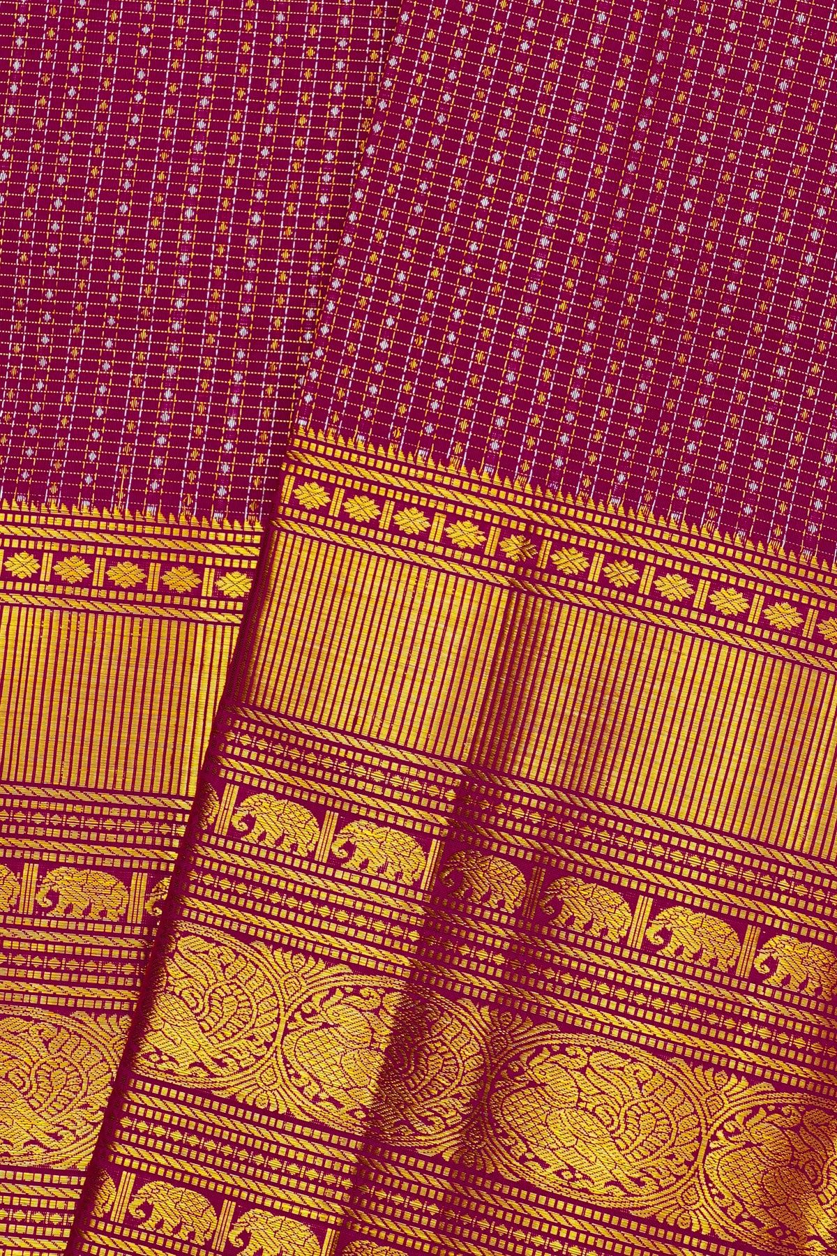Kancheepuram Silk Rani Pink Saree With Zari Checks And Diamond Buttis Body