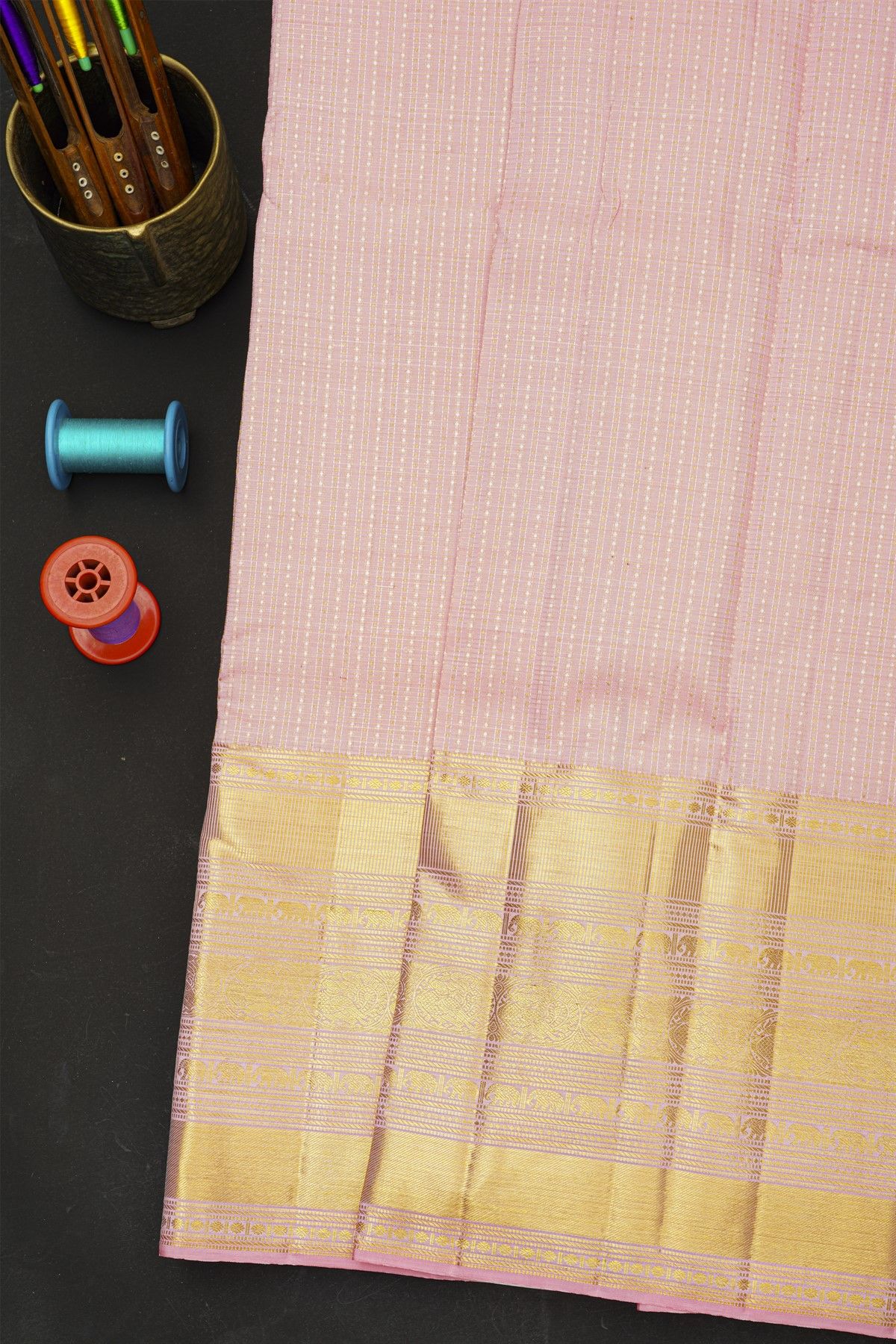 Kancheepuram Silk Baby Pink Saree With Zari Checks And Buttis Body