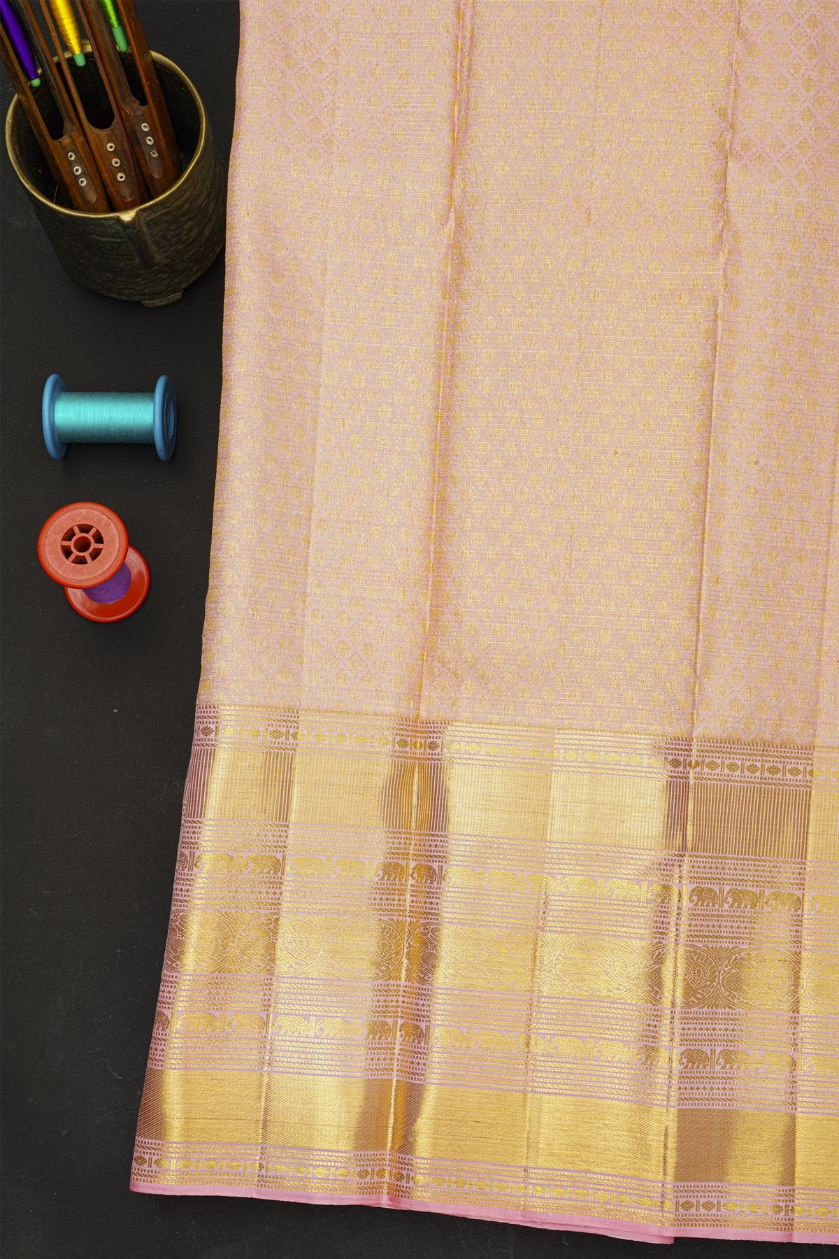 Kancheepuram Silk Baby Pink Saree With Zari Checks And Buttis Body