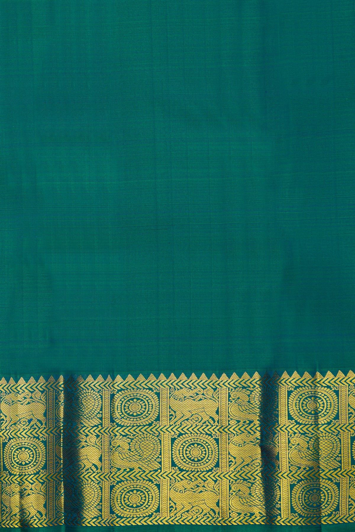 Kancheepuram Silk Teal Green Saree With Florals Peacocks And Yalli Border