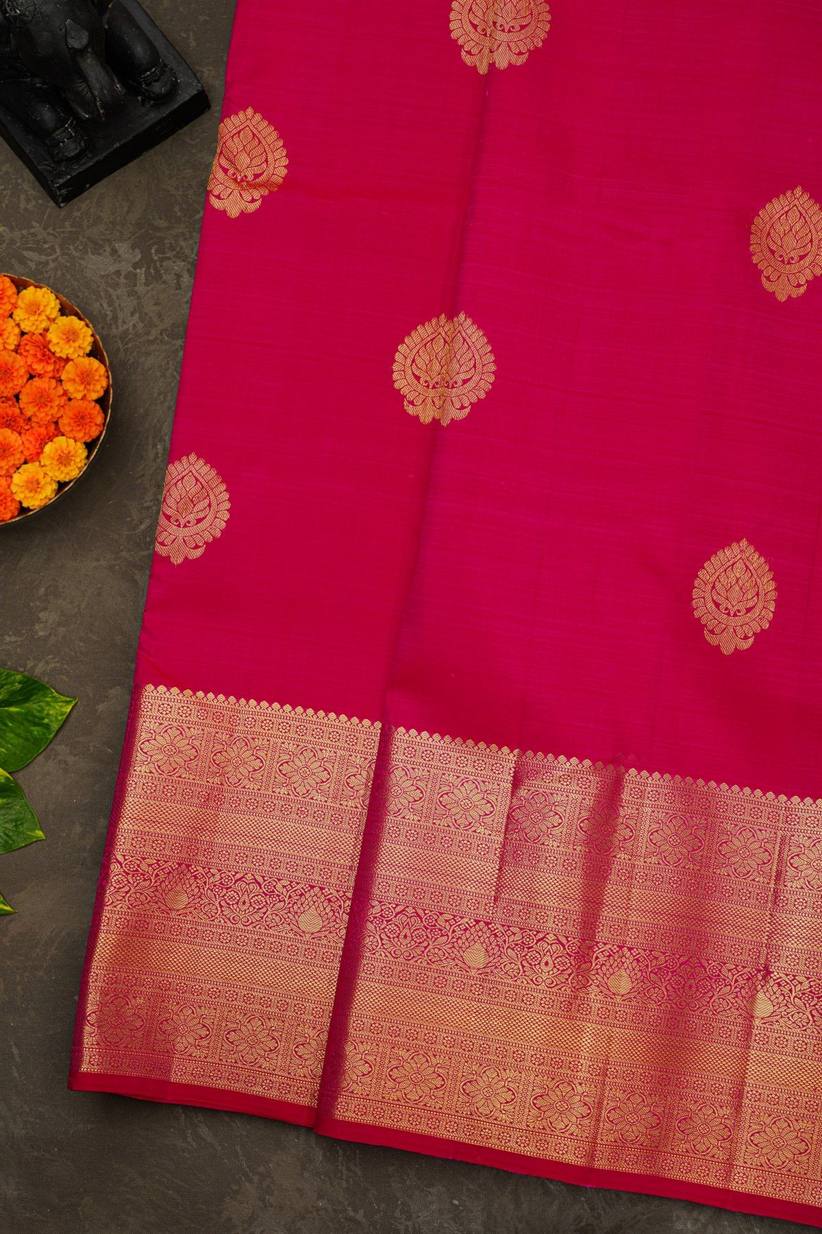 Kancheepuram Silk Rani Pink Saree With Florals And Buttis Body