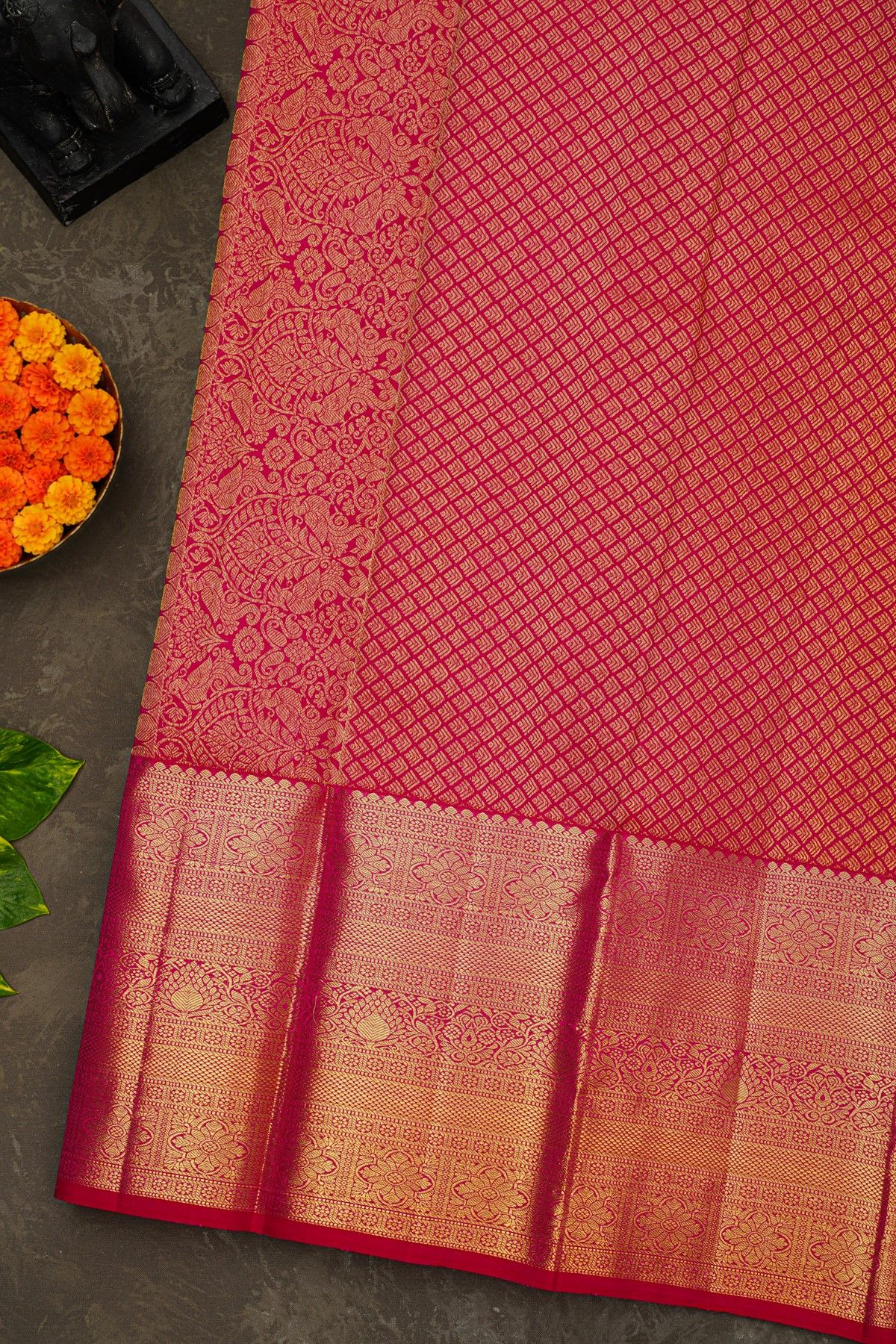 Kancheepuram Silk Rani Pink Saree With Florals And Buttis Body