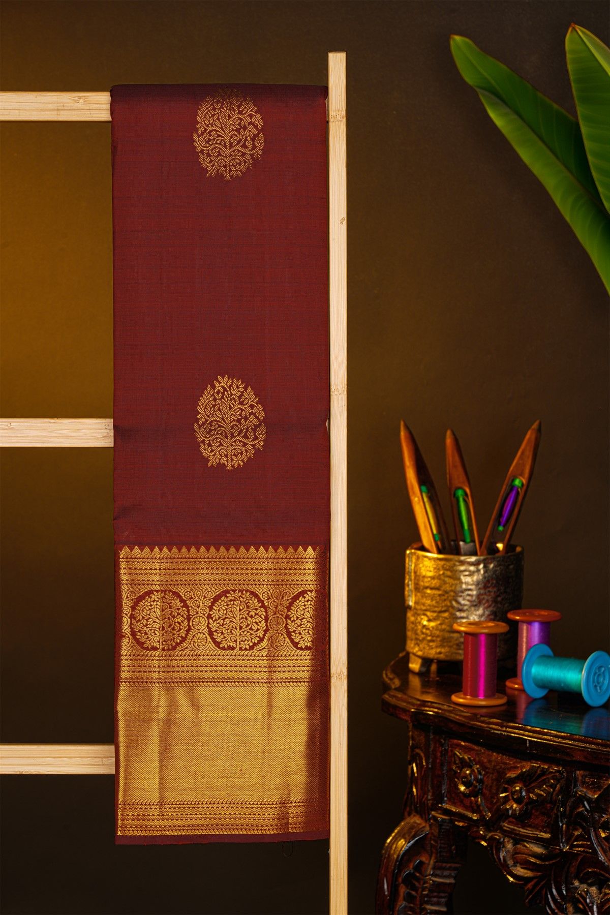 Kancheepuram Silk Maroon Saree With Florals And Buttis Body