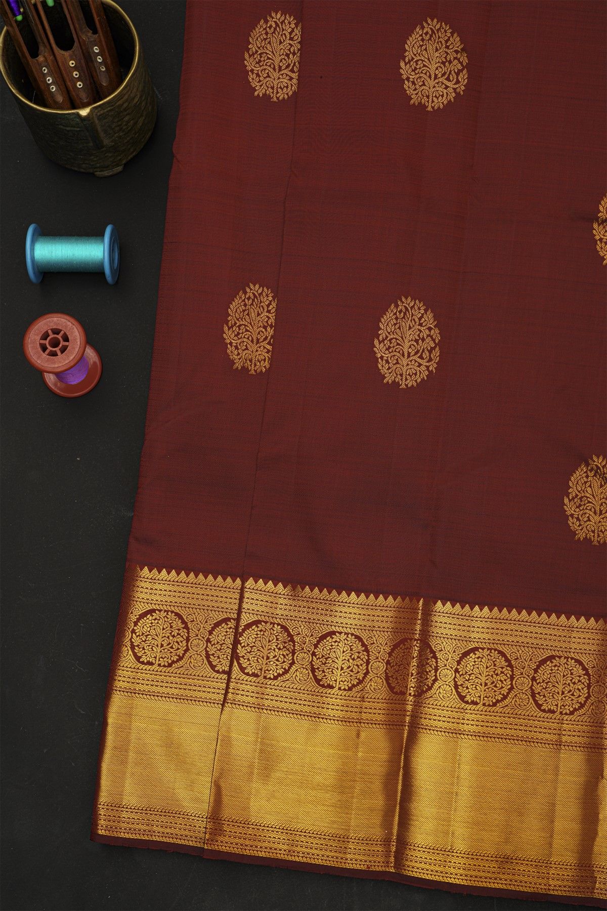 Kancheepuram Silk Maroon Saree With Florals And Buttis Body
