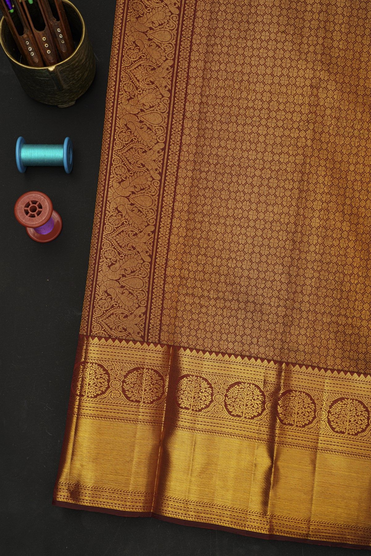 Kancheepuram Silk Maroon Saree With Florals And Buttis Body