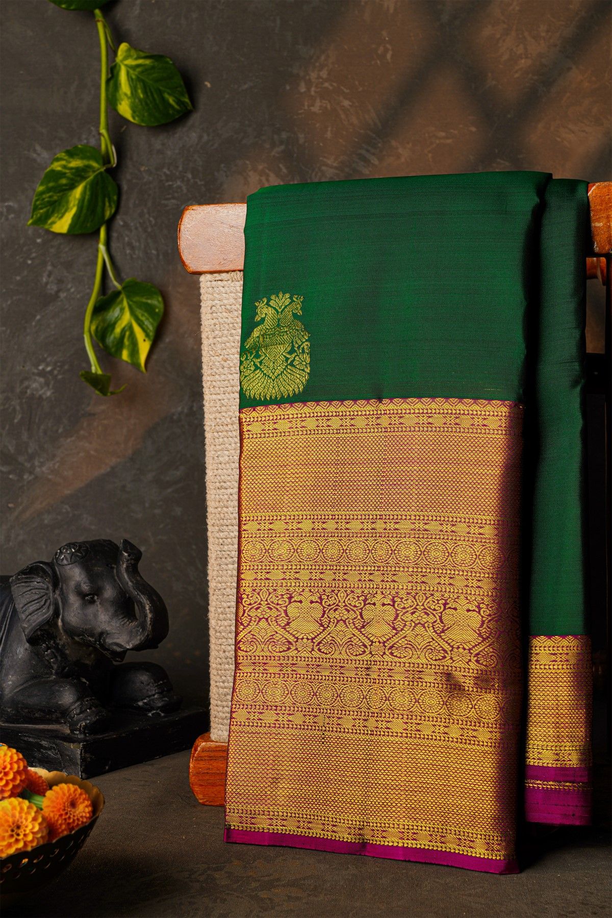 Kancheepuram Silk Bottle Green Saree With Diamonds In Zari And Gandaberunda Buttis Border