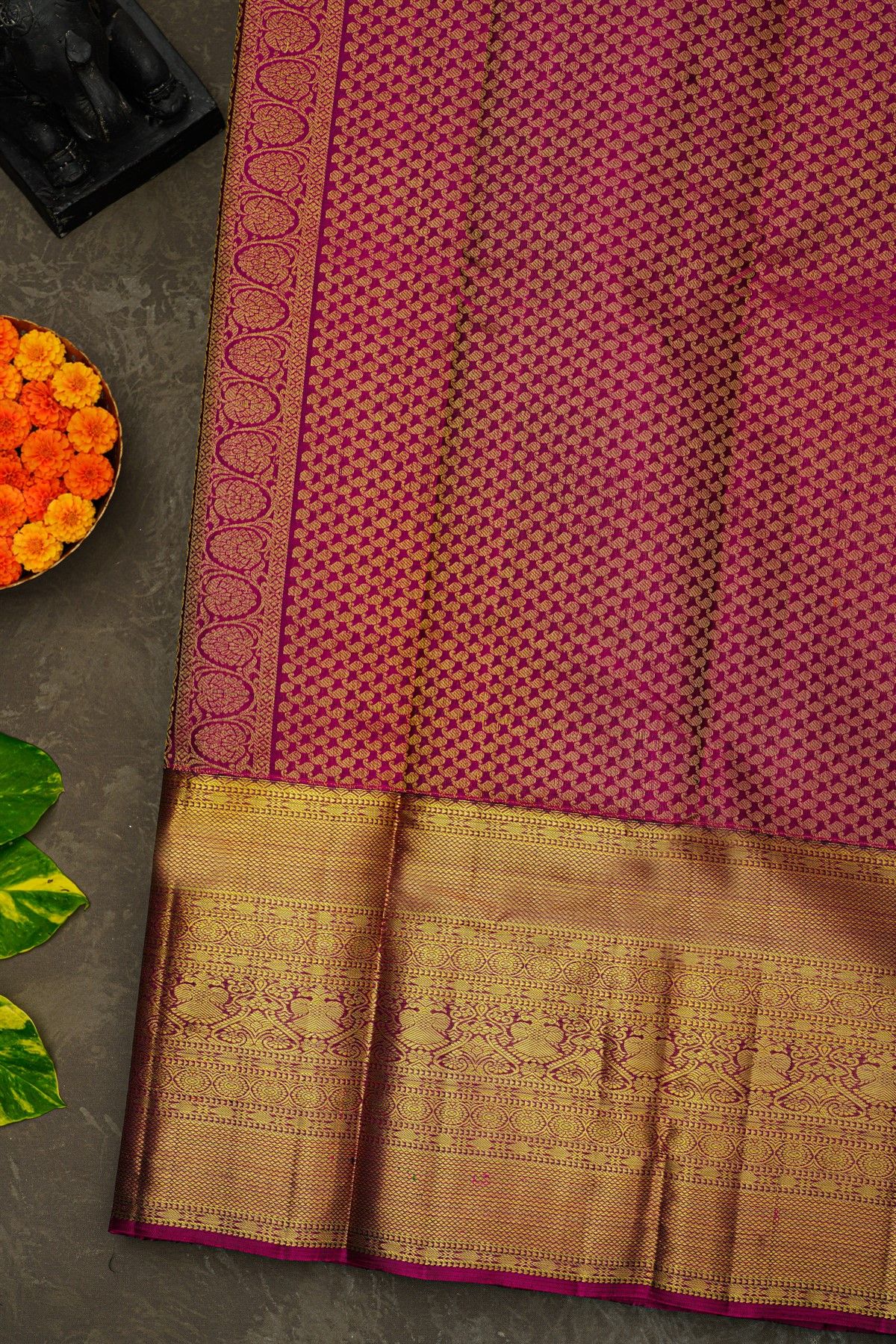 Kancheepuram Silk Bottle Green Saree With Diamonds In Zari And Gandaberunda Buttis Border