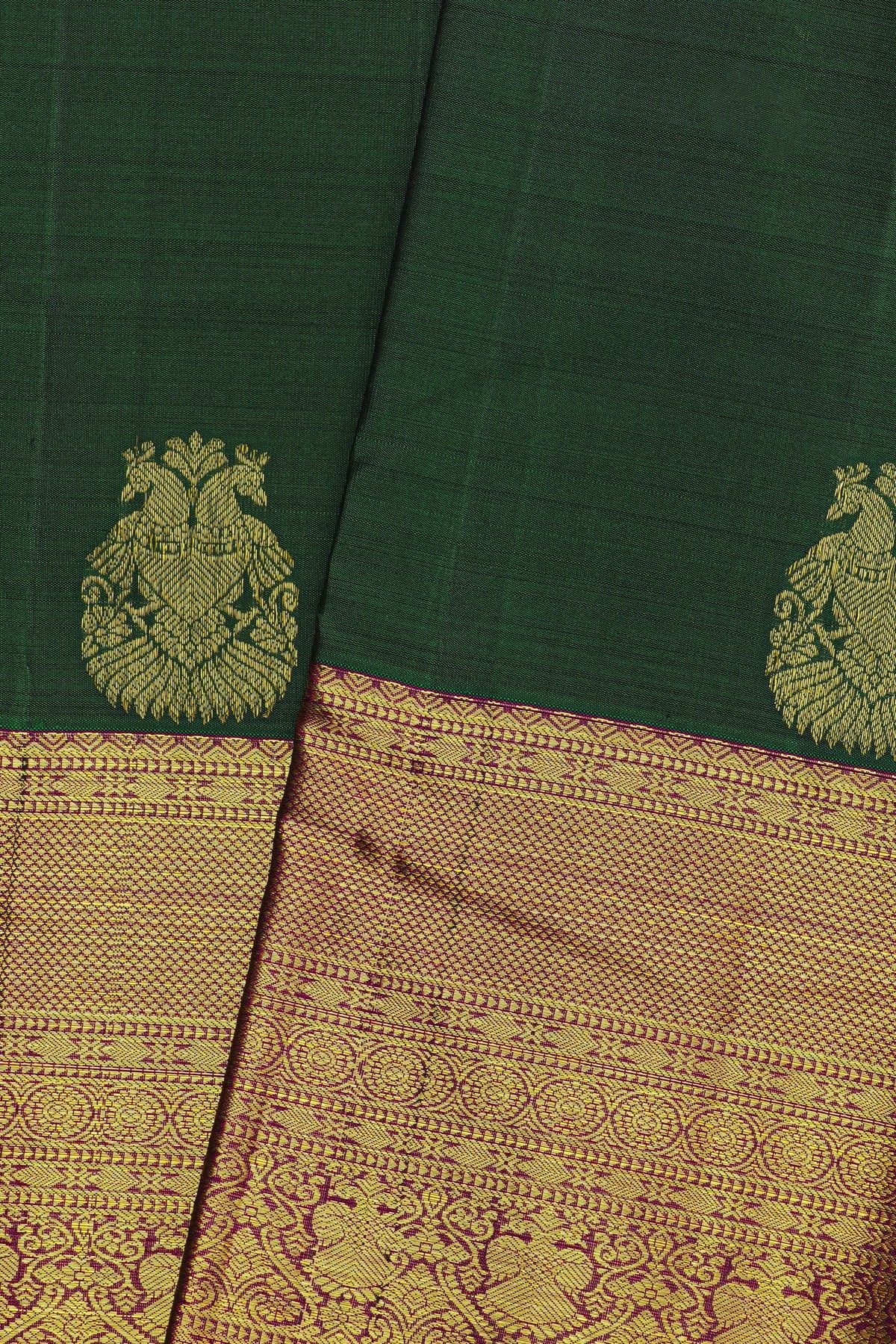 Kancheepuram Silk Bottle Green Saree With Diamonds In Zari And Gandaberunda Buttis Border