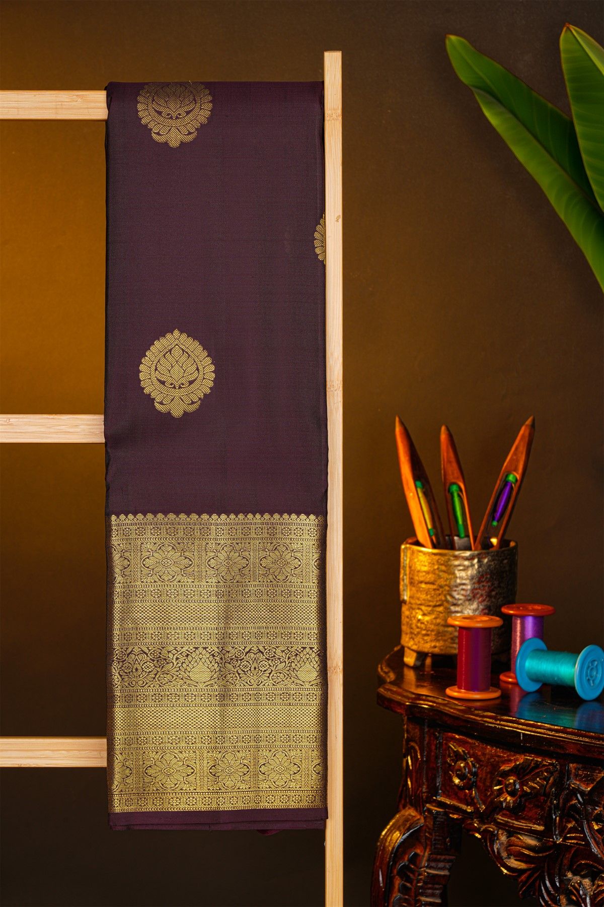 Kancheepuram Silk Dark Wine Saree With Florals And Buttis Body